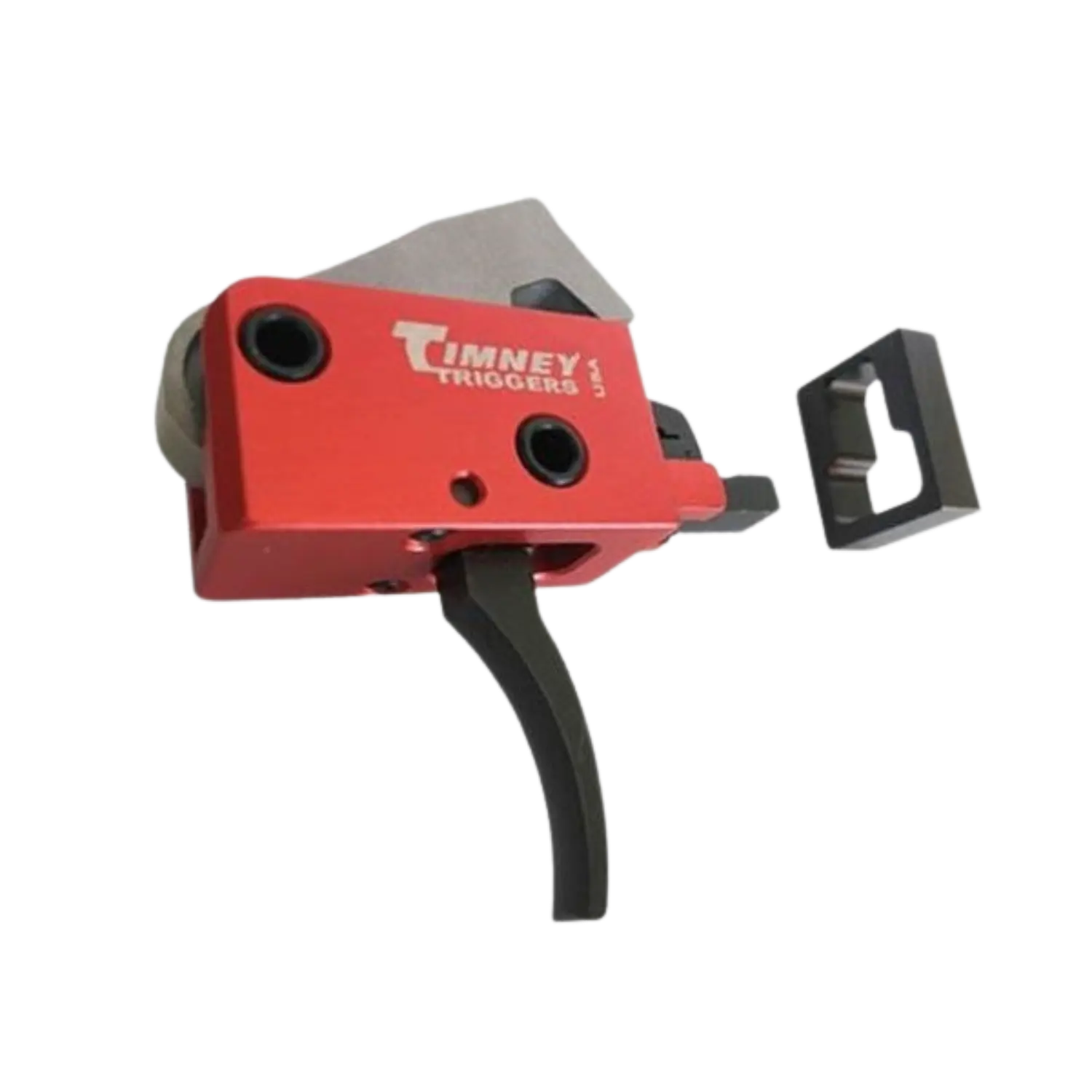 Timney 2-Stage Abzug für AR PCC Waffen Gebogen Rotes Timney Triggers Abzugsmodul mit schwarzem Abzug und separatem rechteckigem Teil auf weißem Hintergrund.