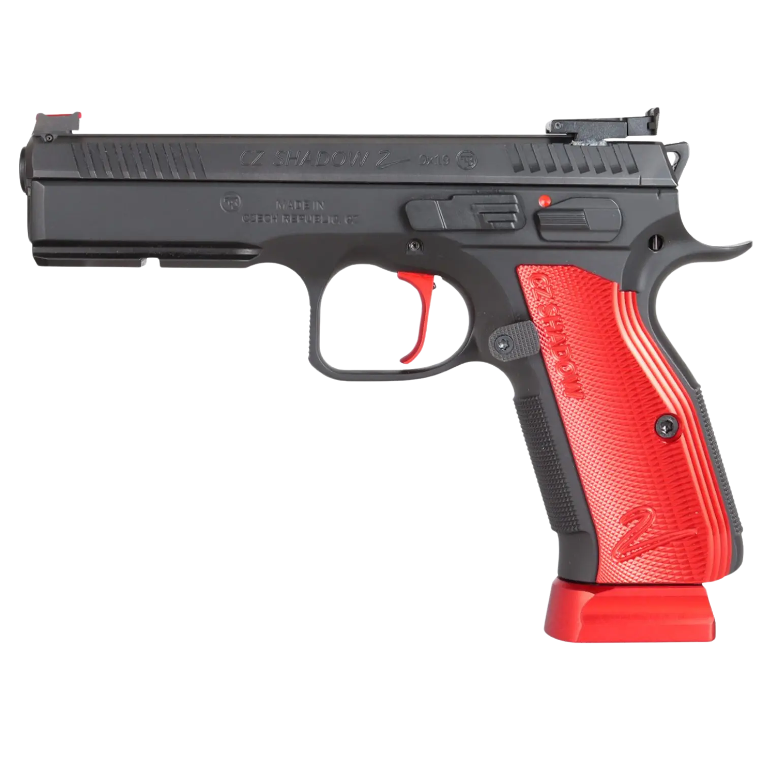 CZ Shadow 2, halbautomatische Pistole, schwarz mit rotem Griffstück und rotem Magazinboden, seitliche Ansicht.