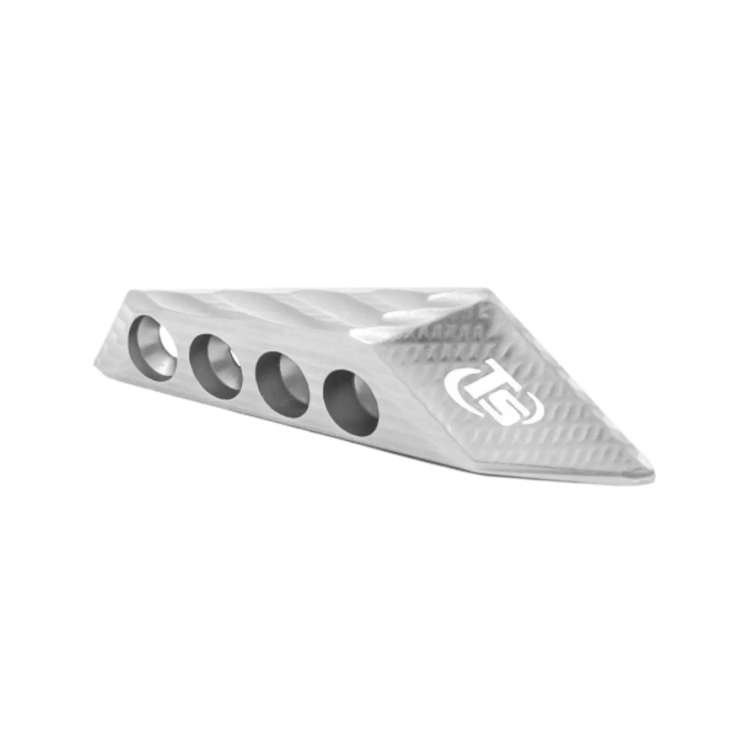 Toni System 3D Thumb Rest für Rechtshand-Schützen Silber Silberner Thumbrest mit vier runden Löchern und eingraviertem Logo auf der abgeschrägten Spitze.