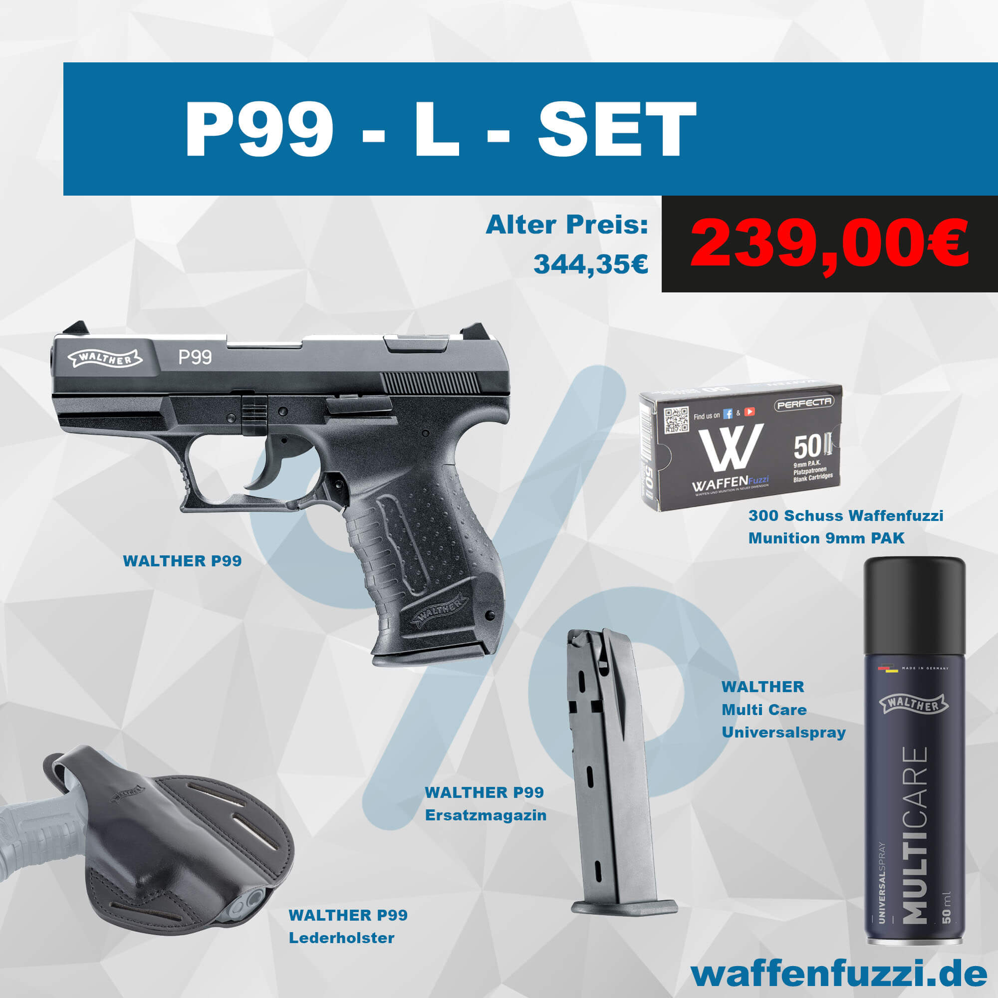 Walther P99 L Set inkl. 300 Schuss Munition + Ersatzmagazin + Lederholster + Pflegeöl bereits ab € 239