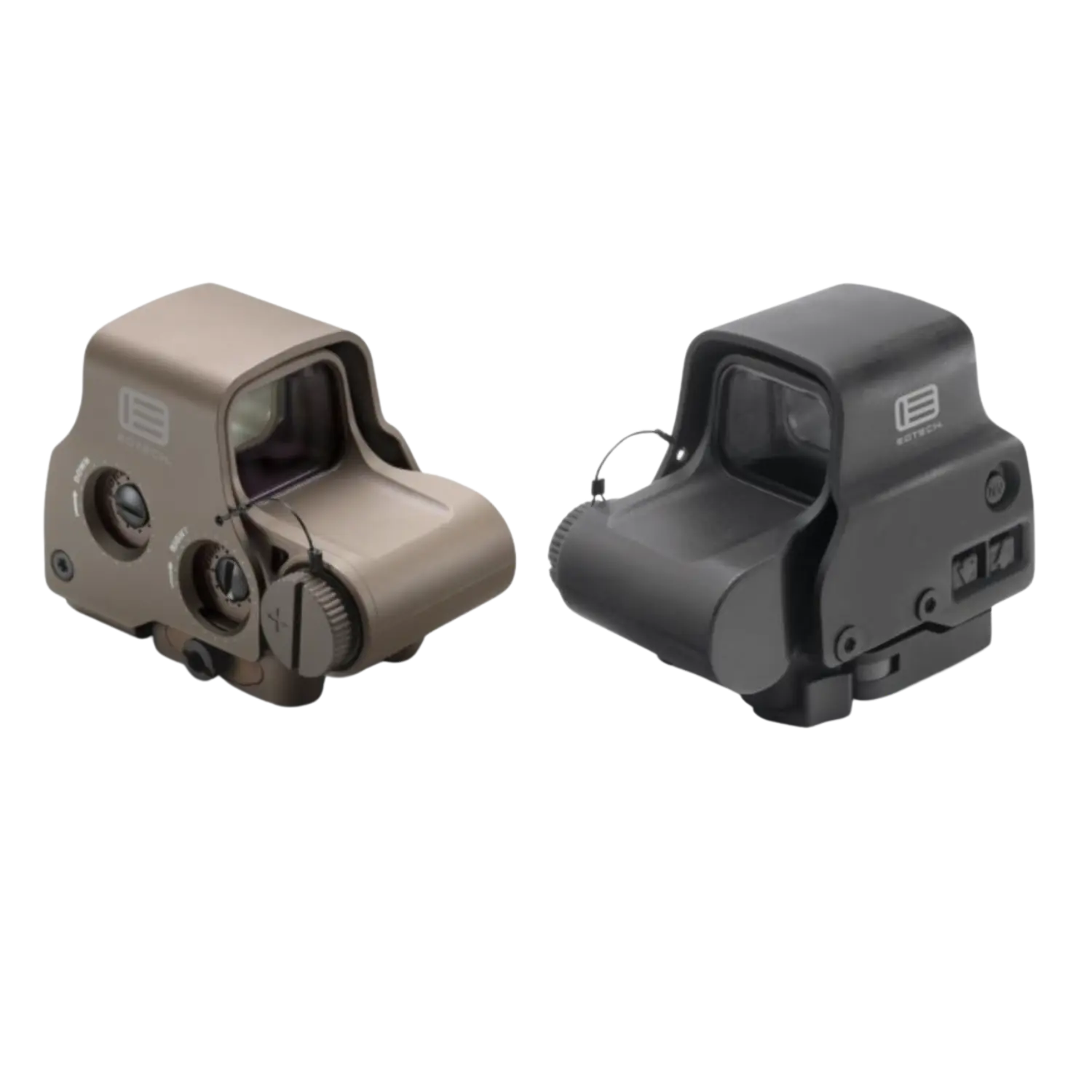 Zwei Eotech EXPS3-2 Reflexvisiere, eines in Tan und eines in Schwarz, mit Bedienelementen und Sichtfenstern.