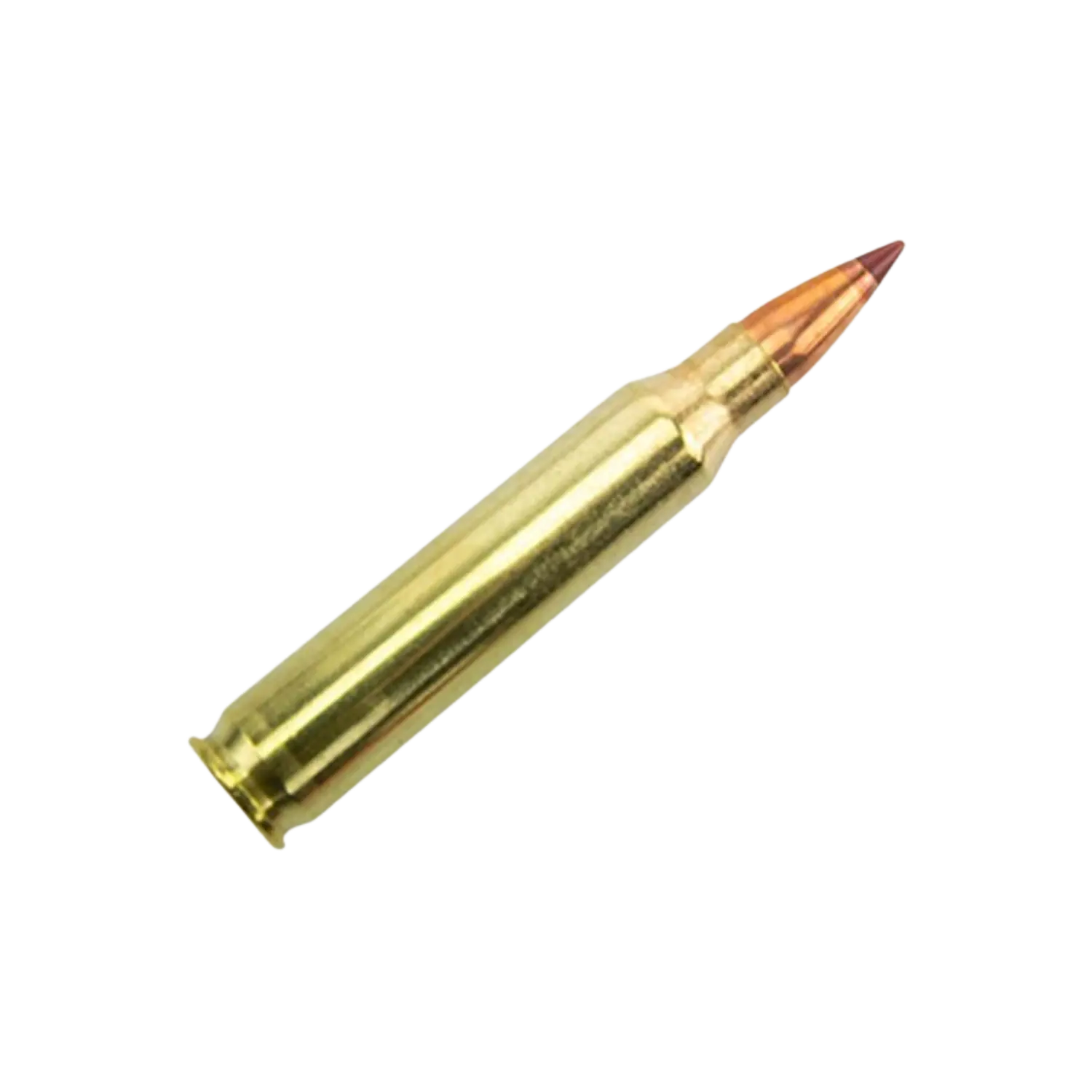 Eine einzelne Patrone vom Kaliber .223 Remington mit kupferfarbener Spitze und Messinghülse.