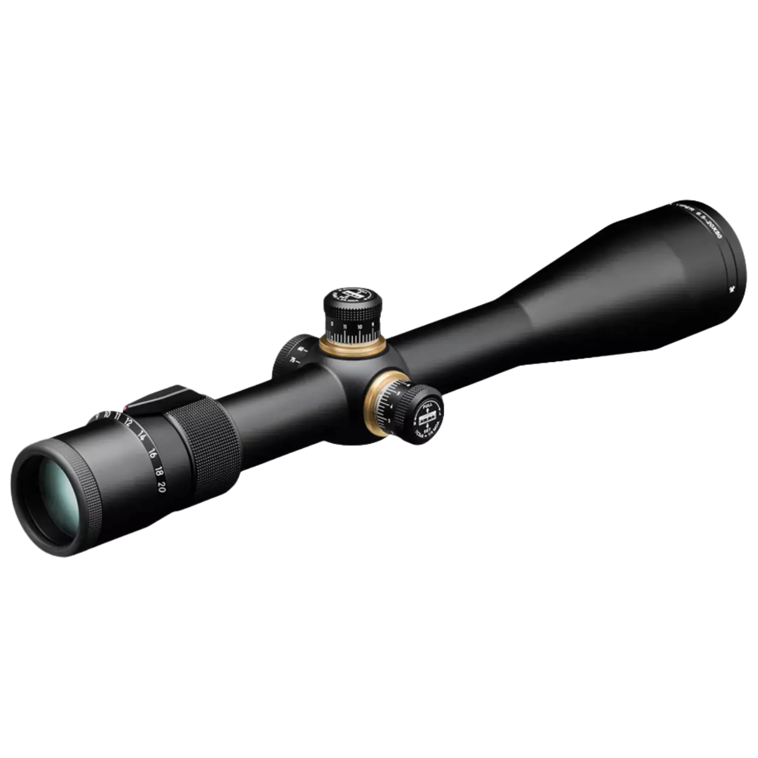 Vortex Zielfernrohr Viper PA 6,5-20x50 mit Dead-Hold BDC SFP, schwarzes Gehäuse, länglich, mit verstellbaren Turmknöpfen und Objektiv.