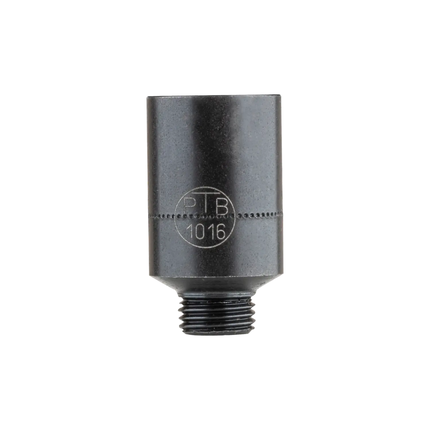 Schwarzer Abschussbecher Reck Mod. 36 mit zylindrischem Körper und Schraubgewinde am unteren Ende, mit eingravierter Markierung 'PTB 1016'.
