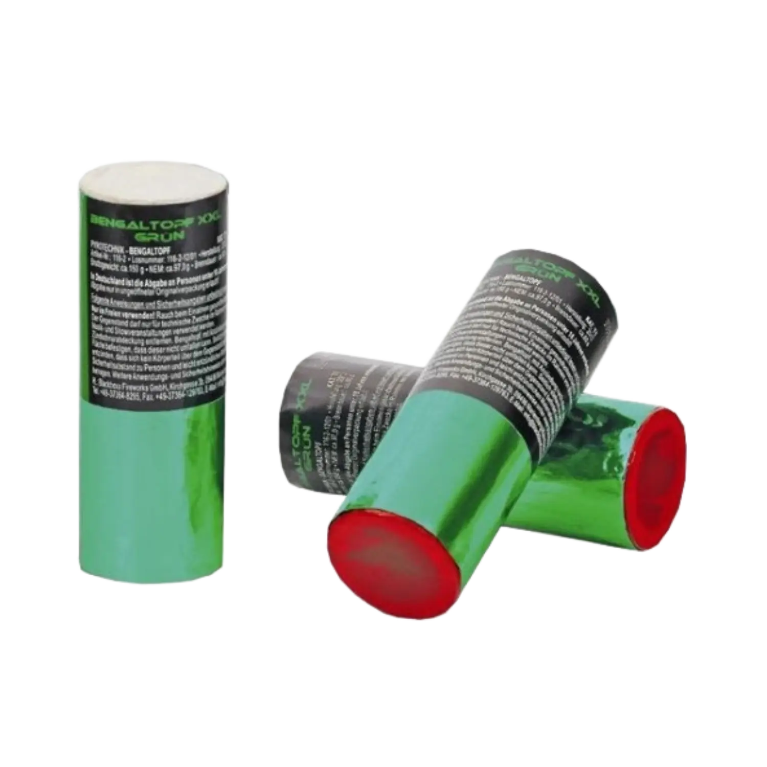Bengaltopf XXL Grün 60 Sek. Grüne Bengaltopf-Röhren mit schwarzem Aufkleber und weißem Text, rote Öffnungen sichtbar.
