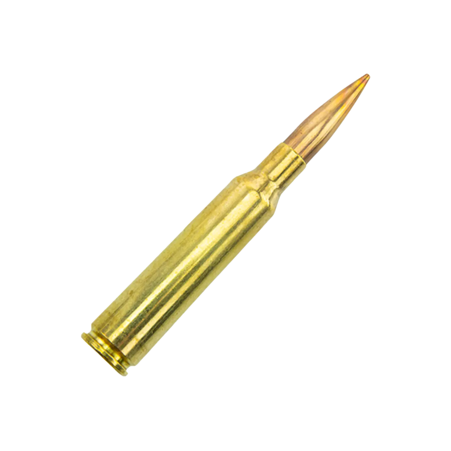 Nahaufnahme einer Patronenhülse mit spitz zulaufendem Geschoss, metallisch glänzend in Gold- und Kupfertönen.