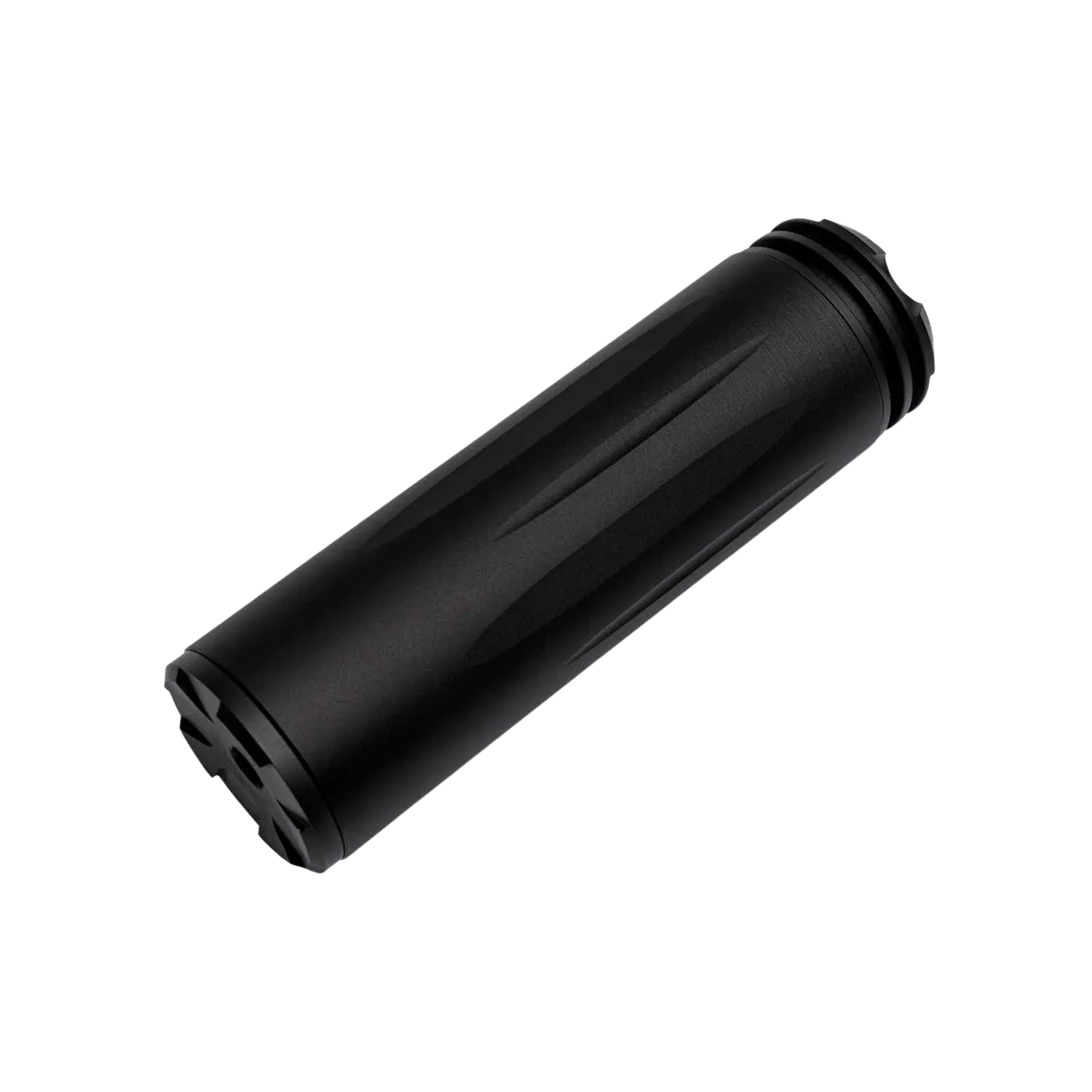 Schalldämpfer XL Kurz für Weihrauch Luftgewehr 1/2" UNF Schwarzer XL Schalldämpfer mit einer zylindrischen Form und gerillter Oberfläche, ohne sichtbare Beschriftung oder Zubehör.