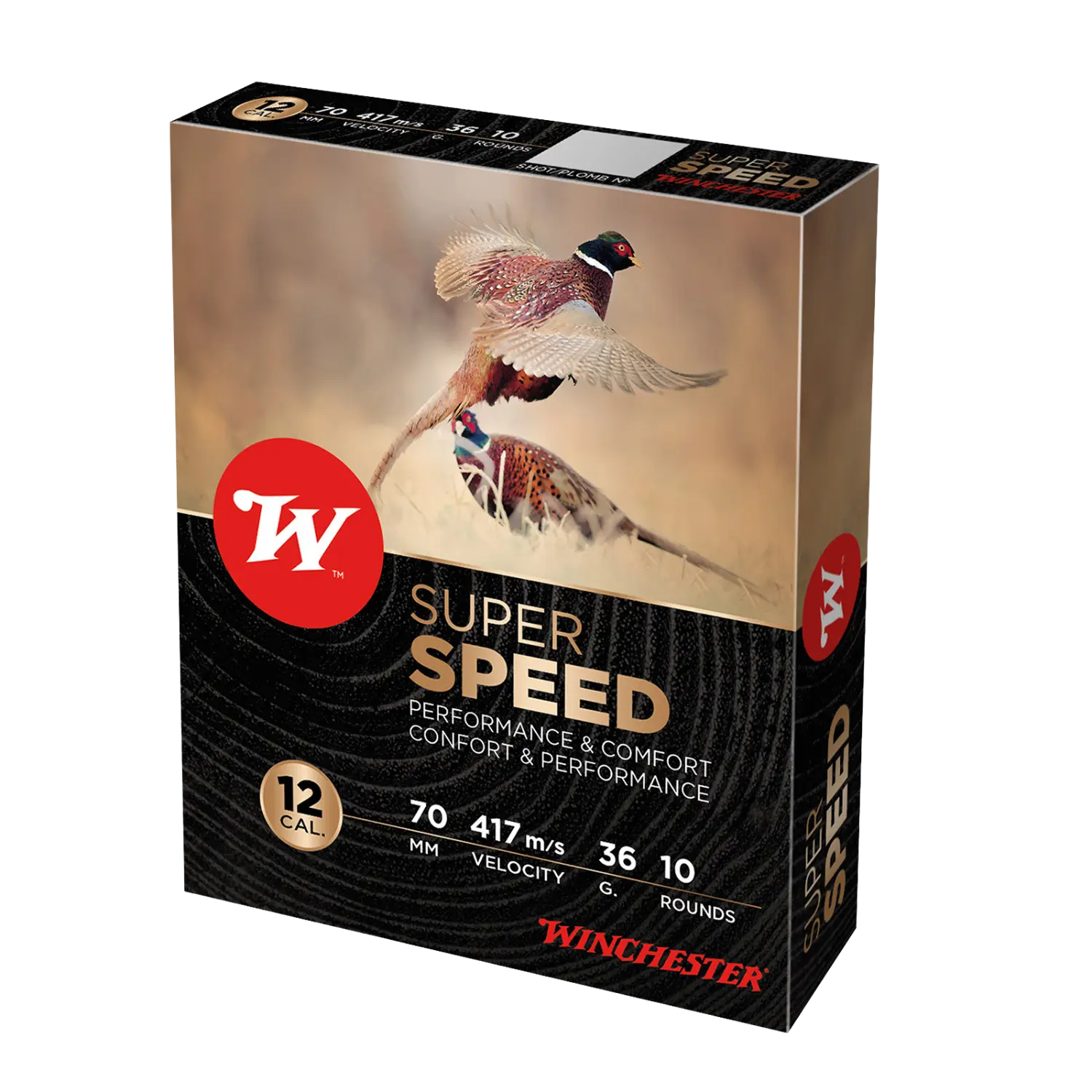 Schachtel mit Winchester Super Speed Kaliber 12, 70mm, zeigt zwei Vögel.