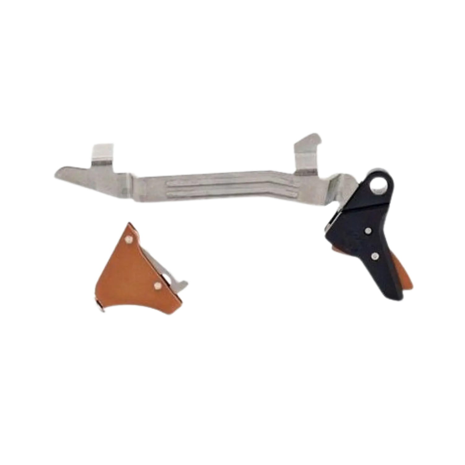 Timney Alpha Abzug für Glock Gen 5 Bronze Metallischer Abzug mit schwarzem und orangefarbenem Hebel, zwei Teilen, mit sichtbaren Schrauben und mechanischen Details.