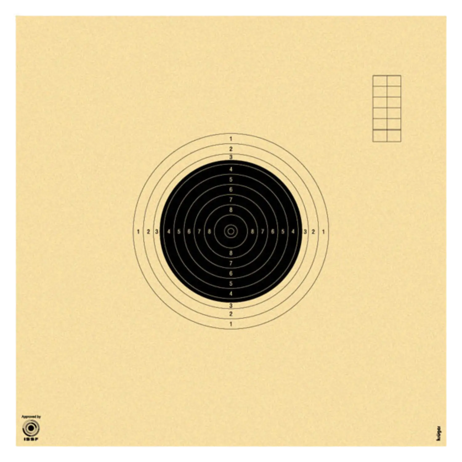 BDS-50m-Scheibe Nr.3 gem. BDS-Sporthandbuch 34 x 34 cm 50STK. Zielscheibe mit mehreren konzentrischen Kreisen, nummeriert von 1 bis 5, auf einem hellen Hintergrund. In der oberen rechten Ecke befindet sich eine Tabelle.