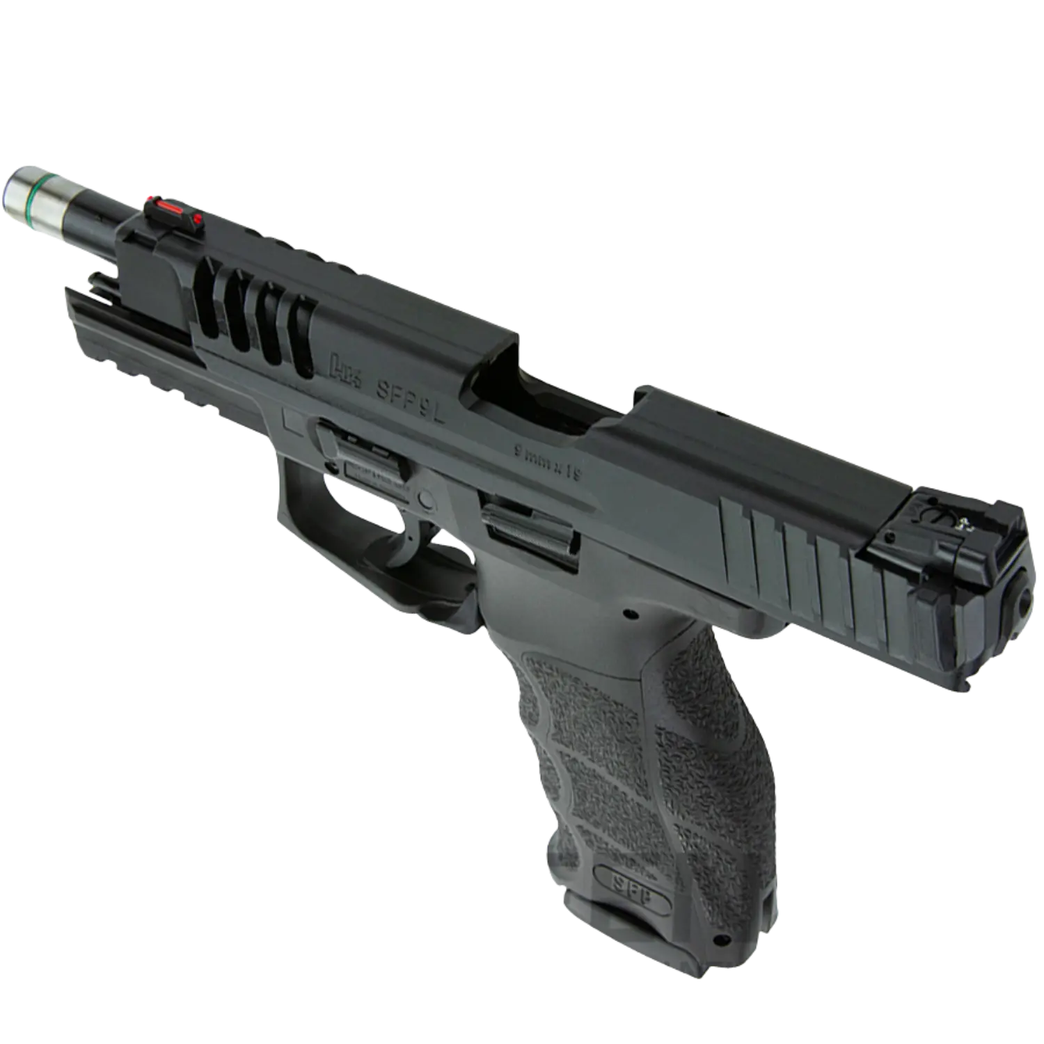 Schwarze halbautomatische Pistole Heckler & Koch SFP9L mit 9-mm-Kaliber, sichtbare Laufsperre und strukturierter Griff