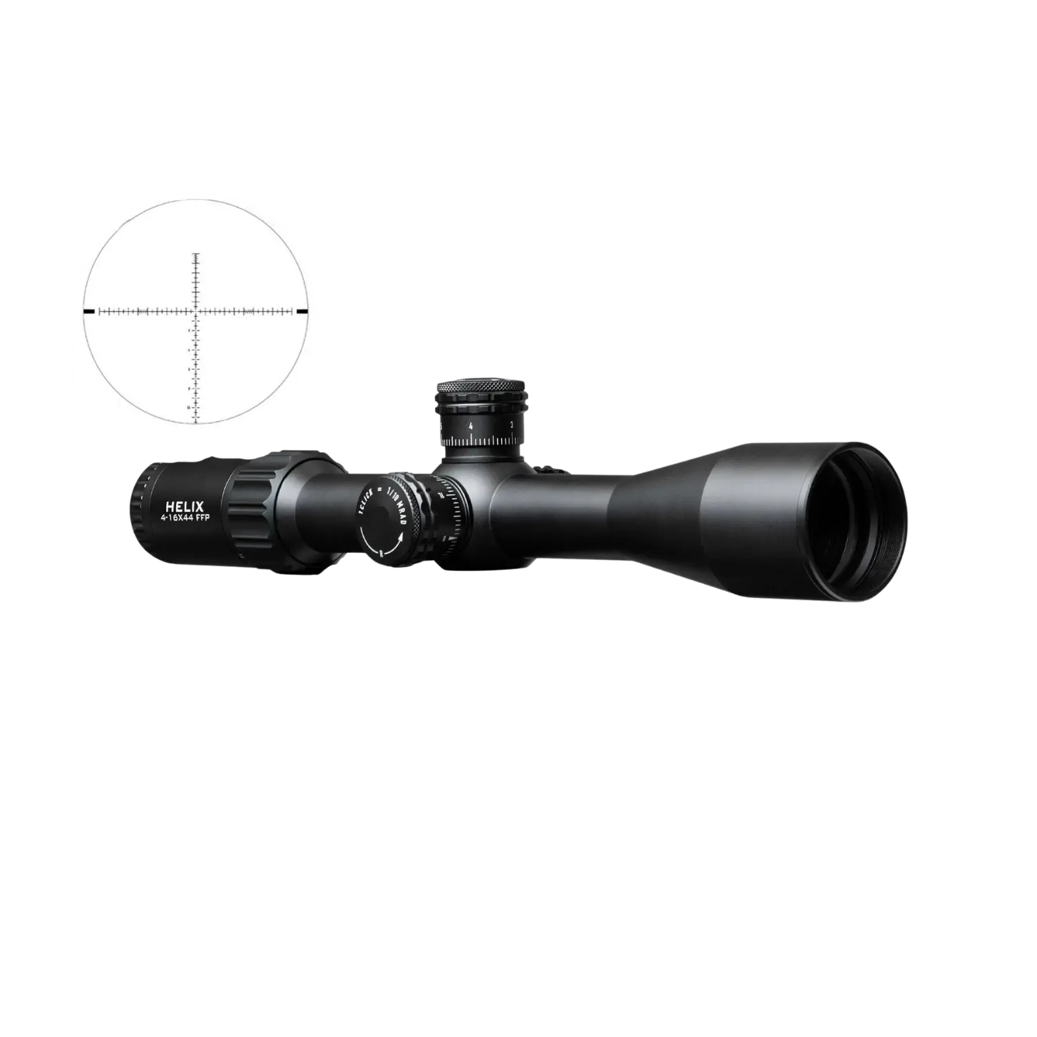 Schwarzes Zielfernrohr mit Vergrößerungseinstellung 4-16x44 und Helix-Logo, daneben vergrößerte Darstellung eines Fadenkreuz-Absehens mit Skalenmarkierungen.