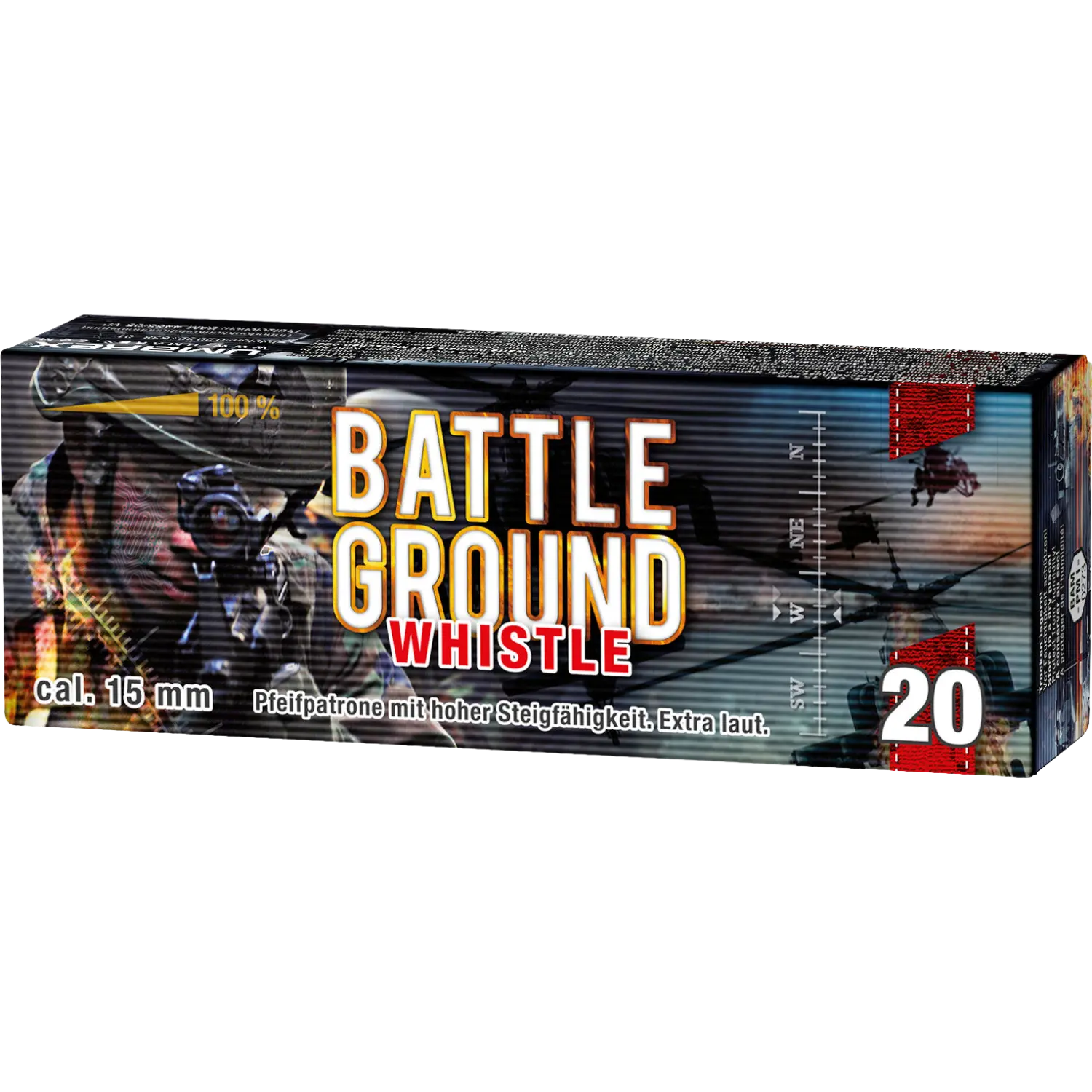 Verpackung der Umarex Battle Ground Whistle Kaliber 15 mm mit 20 Schuss, zeigt Soldaten, Hubschrauber und taktische Grafiken.