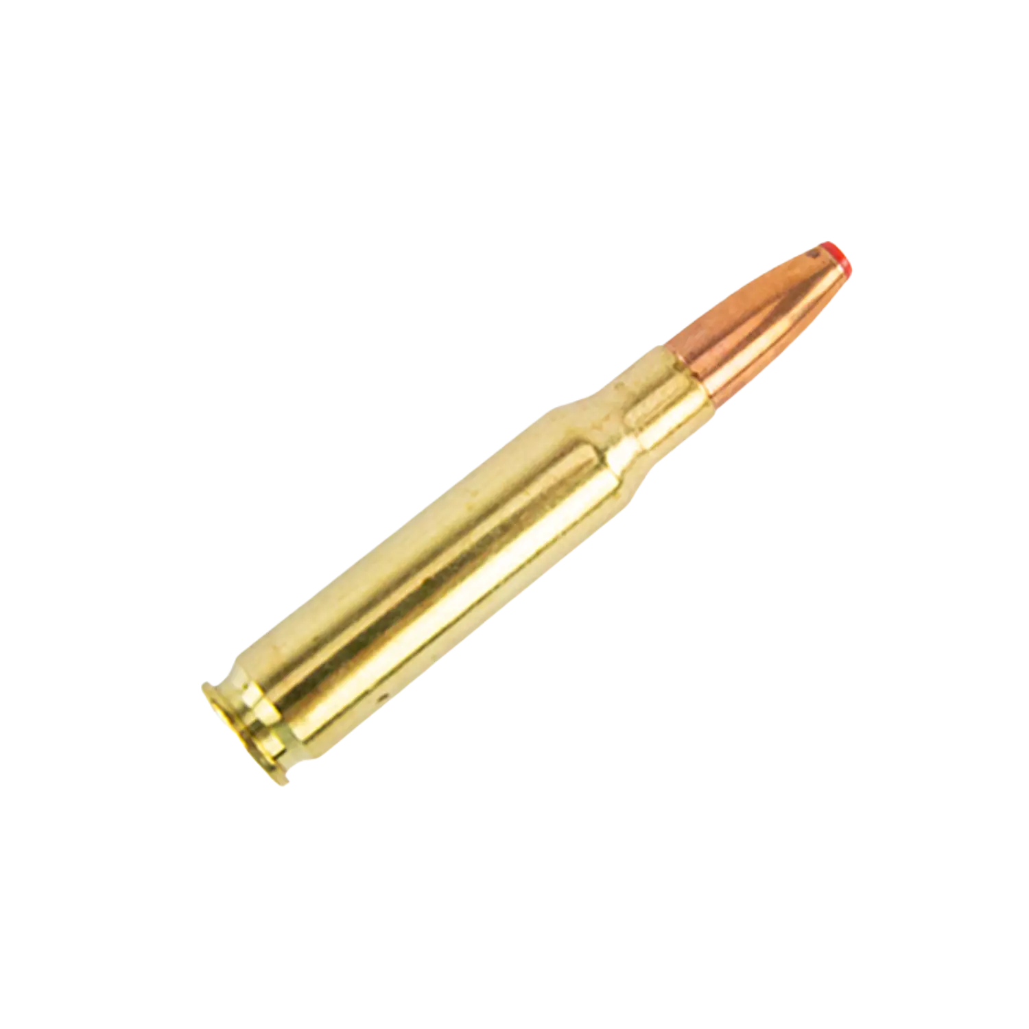 Hornady International .308 Win 165gr ECX 20 Schuss Hülsenpatrone vom Typ .308 mit einer goldenen Messinghülse und einer kupferfarbenen Spitze. Die Spitze hat eine rote Markierung.