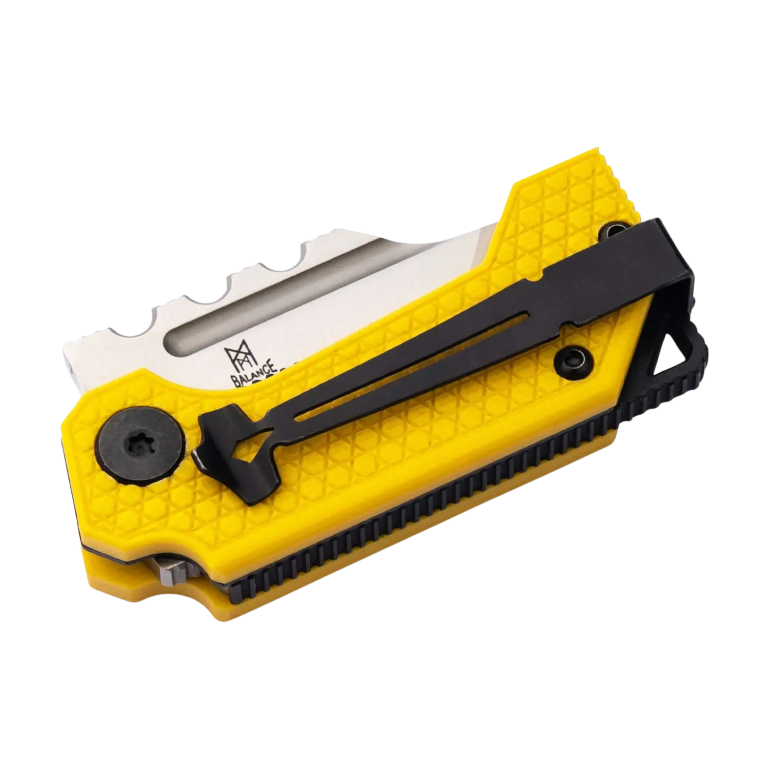 Midgards Messer Thunrar Nano Folder Gelb Klappmesser mit gelbem Griff, schwarzem Clip und teilweise sichtbarer Klinge mit 'Balance' Gravur