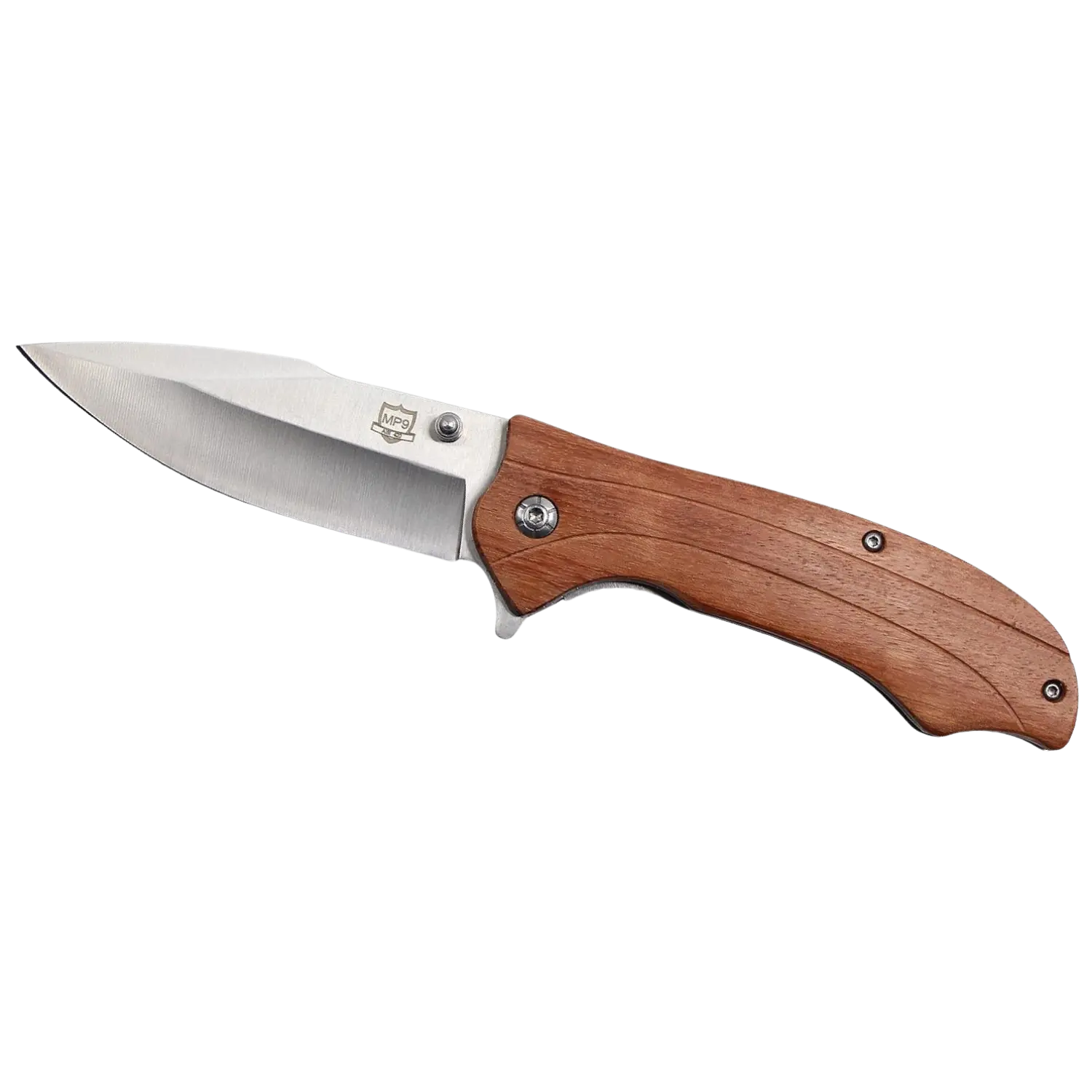 Klappmesser mit silberner Klinge und braunem Holzgriff, Klinge mit Logo 'MTech USA'