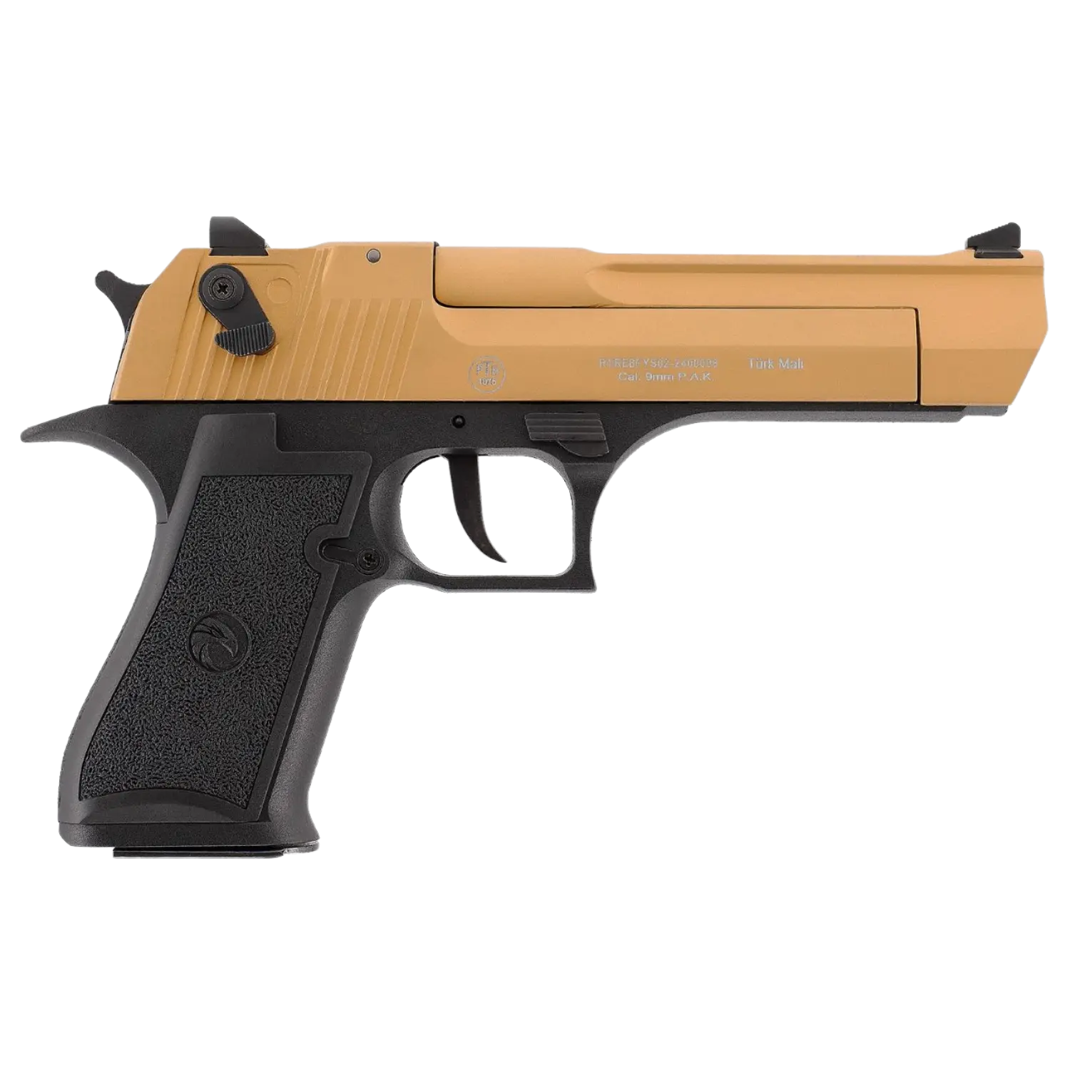 Retay Big Fifty LW GLD-BLK 9mm P.A.K. Retay Big Fifty LW Schreckschusswaffe in Gold mit schwarzem Griff. Sichtbar sind der goldene Lauf und der schwarze Griff mit Textur.