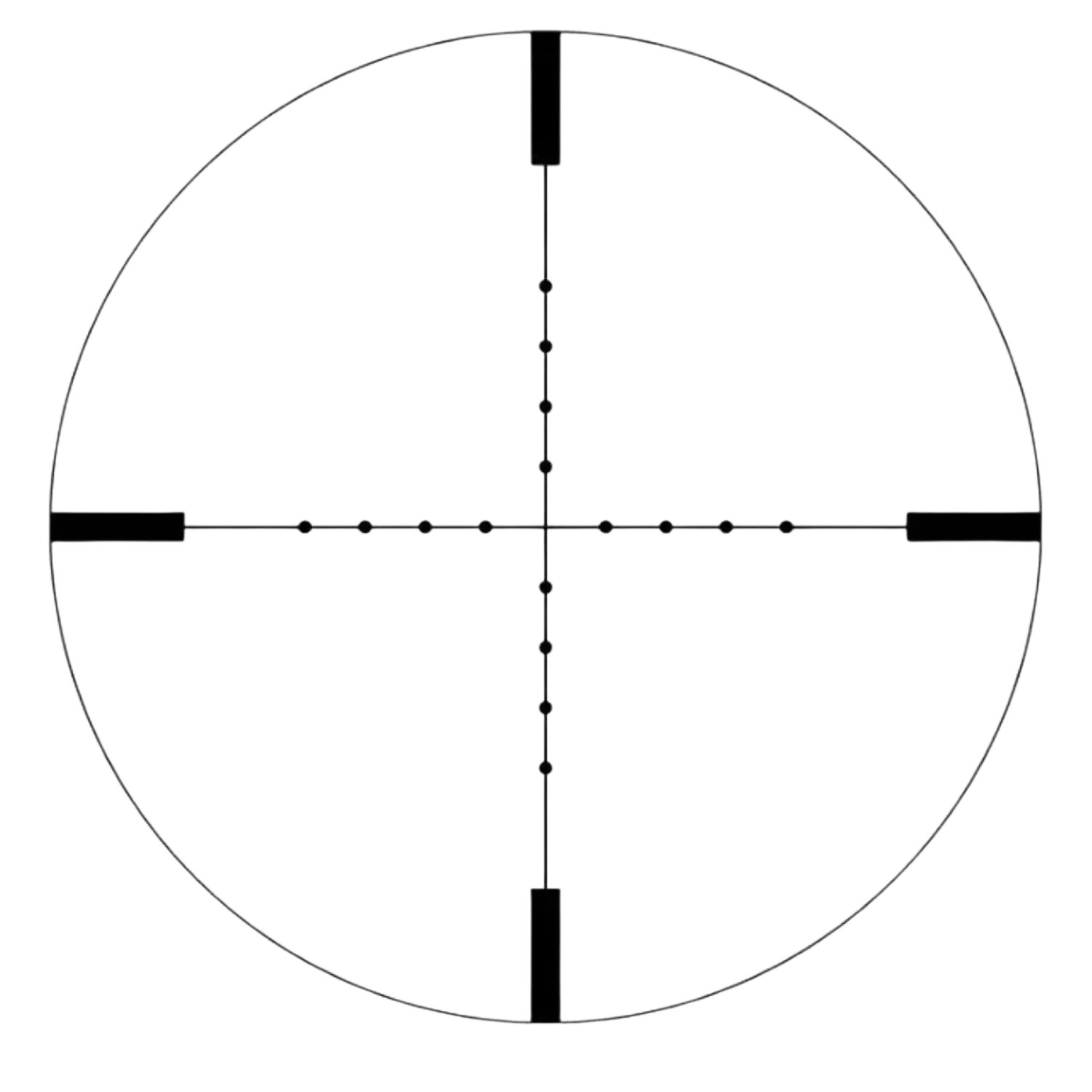 Schwarz-weiße Linienzeichnung eines Absehens mit Mil-Dot-Muster, bestehend aus Kreuzlinien und mehreren Punkten entlang der Linien.