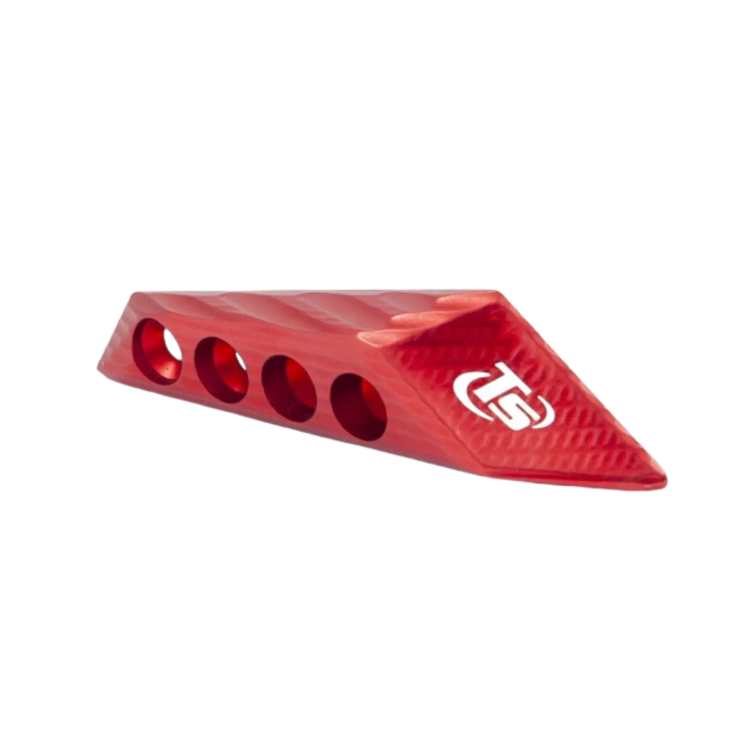 Toni System 3D Thumb Rest für Rechtshand-Schützen Rot Rotes, spitz zulaufendes Thumbrest mit fünf runden Löchern und weißem 'TS'-Logo, Teil des Toni Systems.
