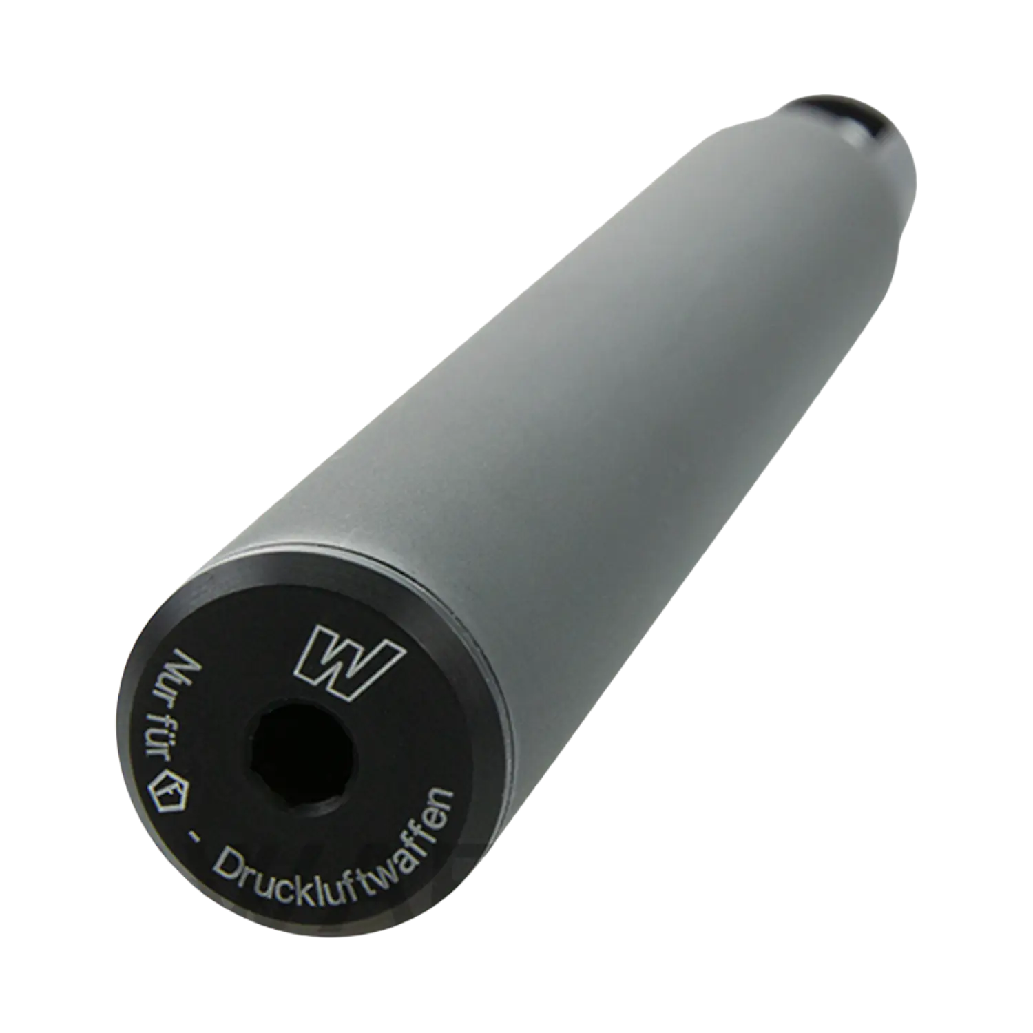 Aufsteckschalldämpfer 15mm für Weihrauch Luftgewehr, zylindrisch, grauer Körper, schwarzes Ende mit weißer Aufschrift 'Nur für Druckluftwaffen' und Logo 'W'