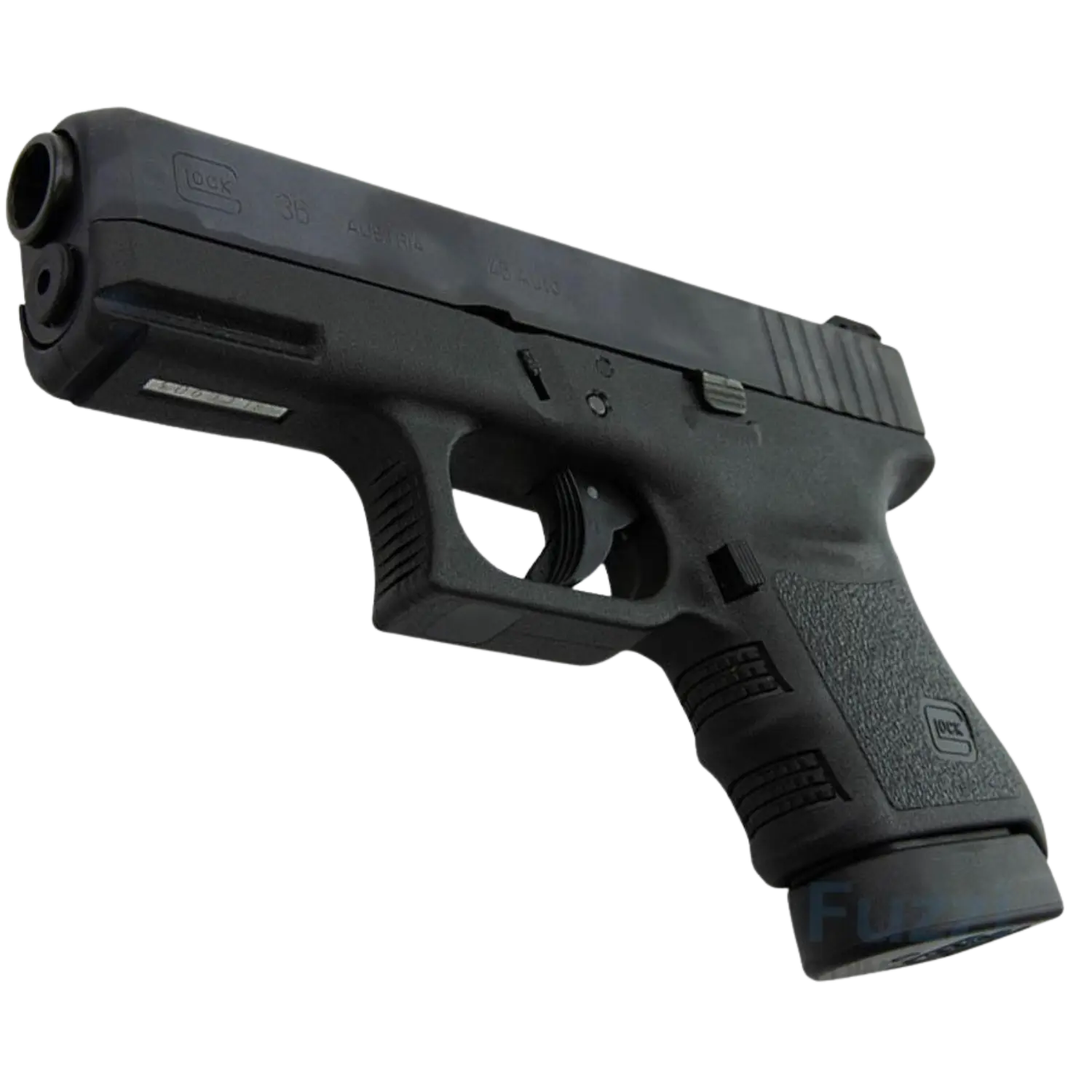 Schwarze halbautomatische Pistole Glock 36 im Kaliber .45 Auto, seitliche Ansicht von unten rechts, sichtbare Griffstruktur und Abzug.