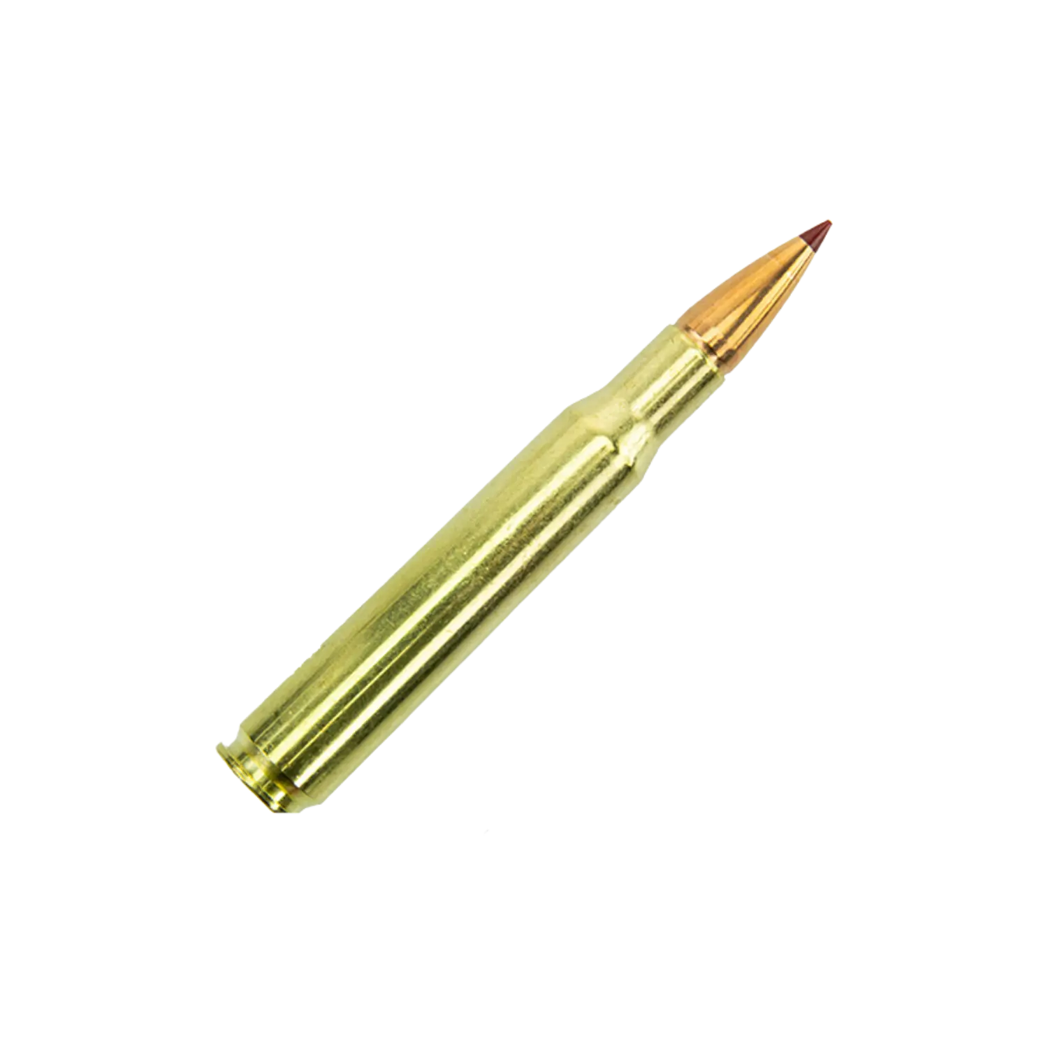 Eine Patrone mit einem goldfarbenen Gehäuse und einer spitzen, kupferfarbenen Spitze. Die Patrone ist aufrecht positioniert.