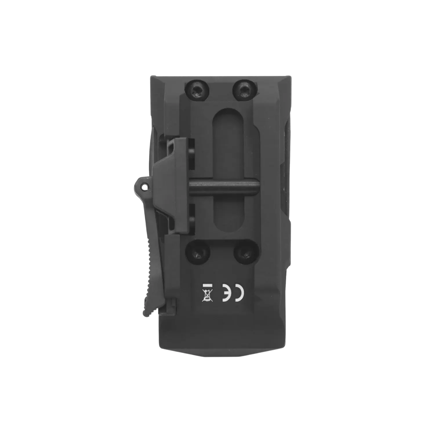 Schwarzes Holosun Set HS510C Reflexvisier mit HM3X Magnifier von unten mit sichtbaren Schrauben und Befestigungsmechanismus