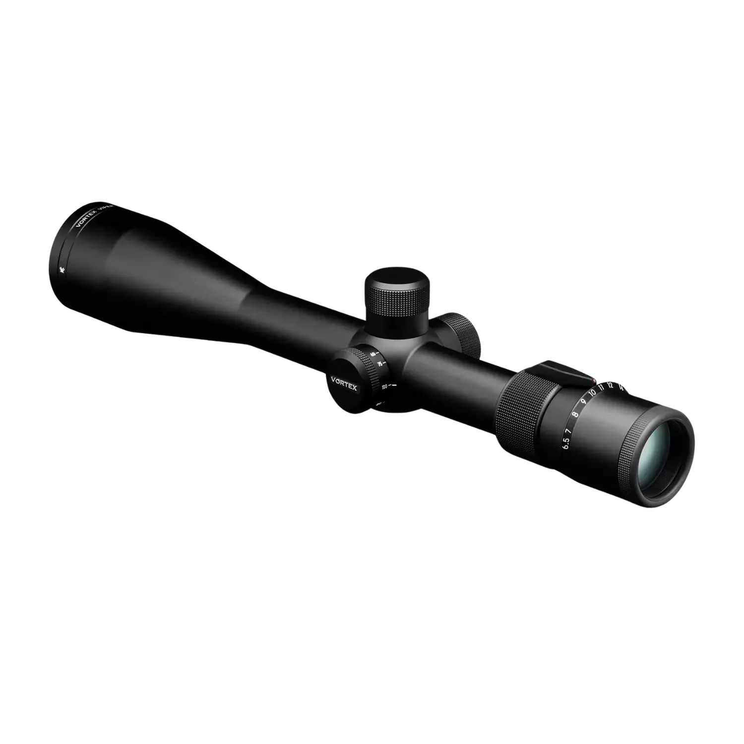 Vortex Zielfernrohr Viper PA 6,5-20x50 Dead-Hold BDC SFP, schwarzes Zielfernrohr mit Vergrößerungs- und Einstelltürmen, seitlich und oben, zylindrisch geformt.