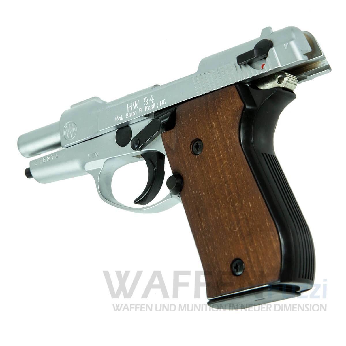 Halbautomatische Pistole mit Revolvermunition HW94 nickel + Holzgriffschalen