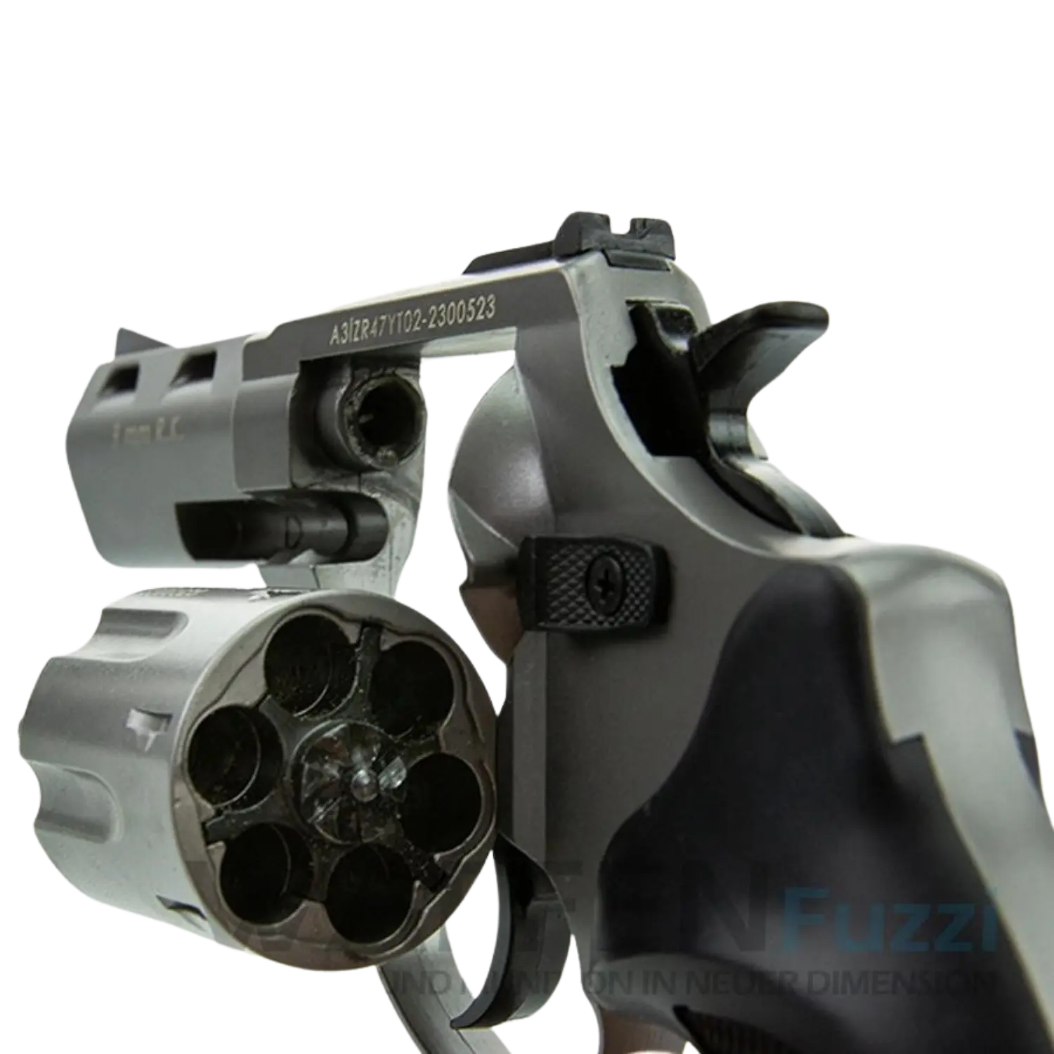 Zoraki R2 Schreckschusswaffe, Revolver mit einem grauen Griff, sechs Kammern im Zylinder, sichtbare Seriennummer auf dem Rahmen.