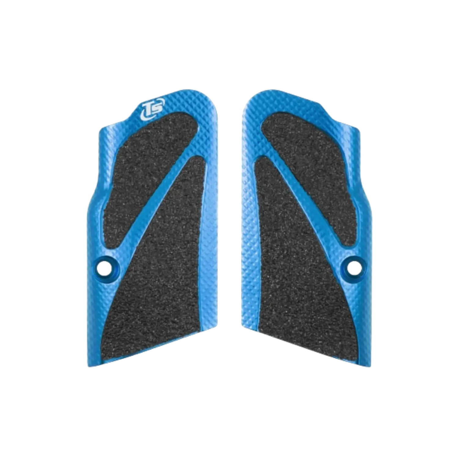 Zwei blaue Griffschalen mit schwarzer, strukturierter Einlage und dem Logo "TS" oben links