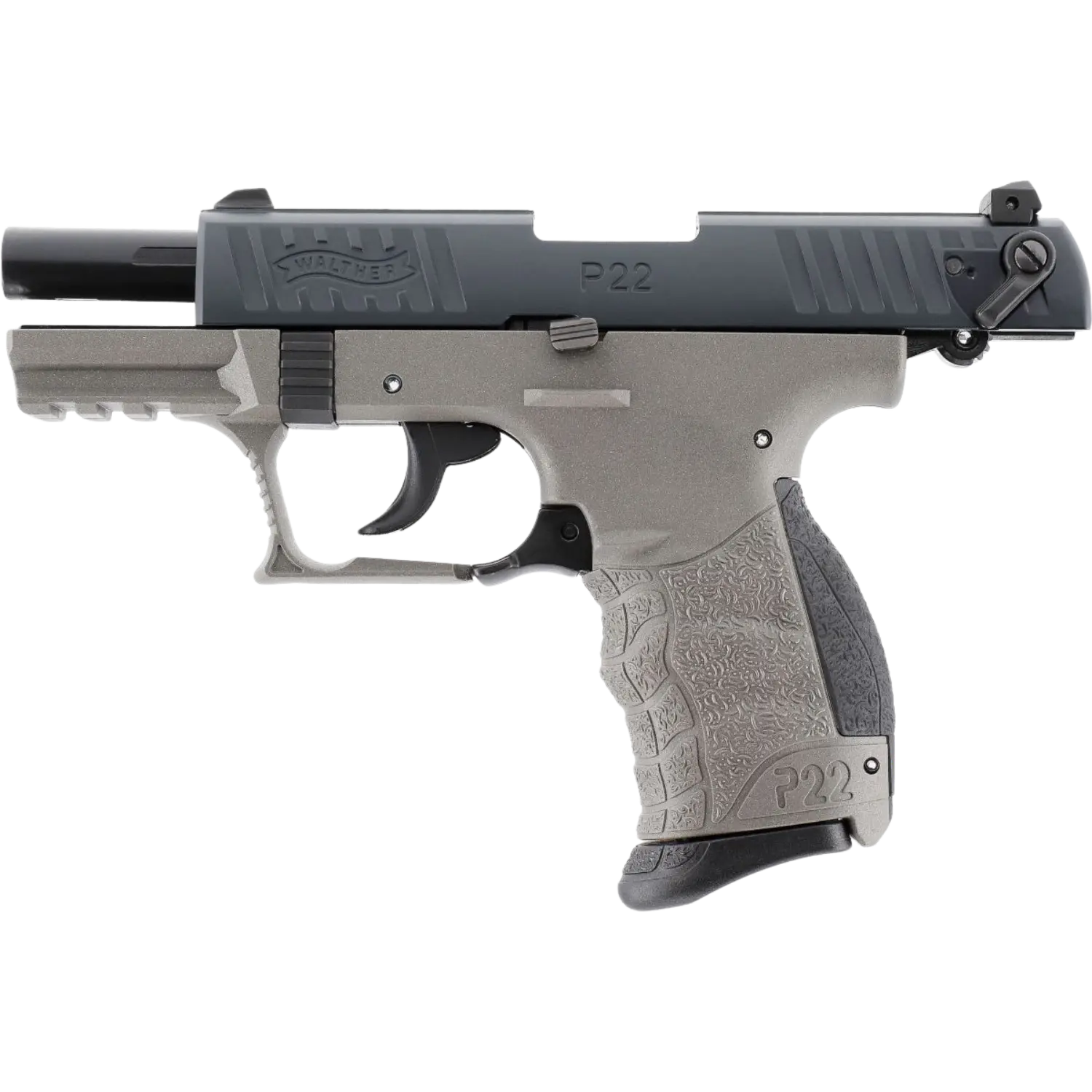 Walther P22Q Schreckschusswaffe in Meteor Grey, kompakte Form, mit schwarzem Oberteil und grauem Griff, sichtbare Griffmusterung.