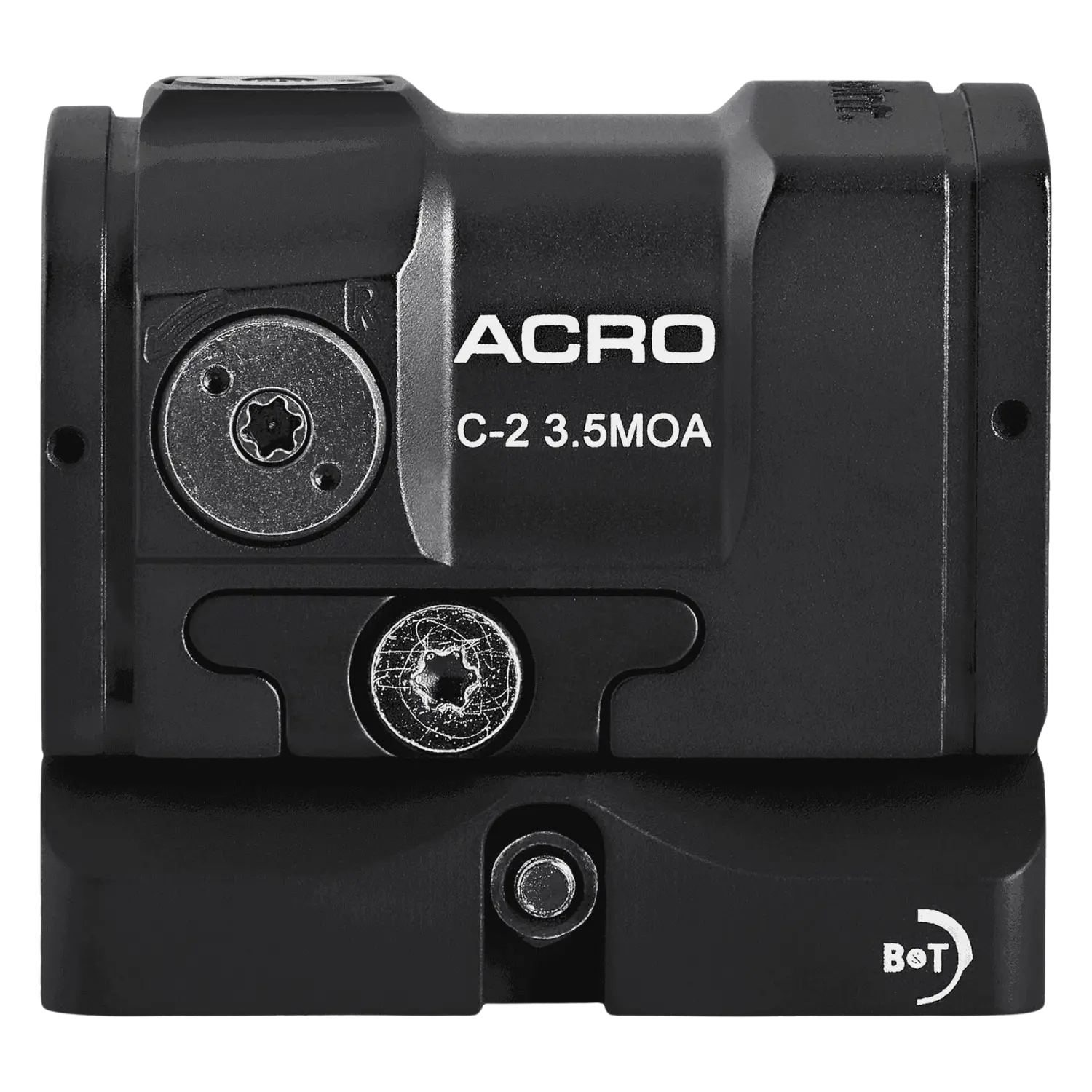 Schwarzes Aimpoint Acro C-2 Rotpunktvisier mit weißer Beschriftung 'ACRO C-2 3.5MOA' und Montageschiene.
