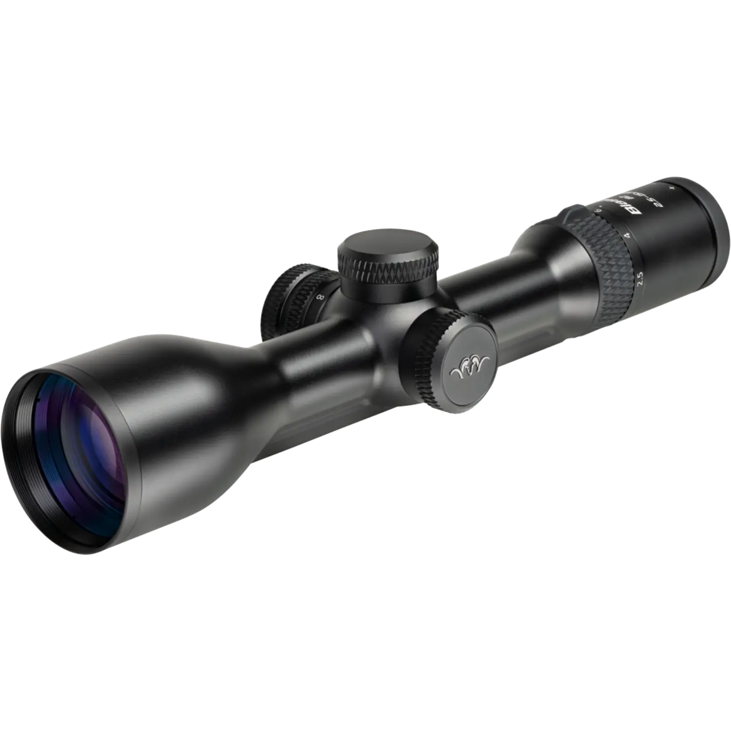 Blaser Zielfernrohr, schwarzes, zylindrisches Design mit zwei Einstellrädern und einem blauen Objektiv. Länge und Form betonen die Funktionalität.