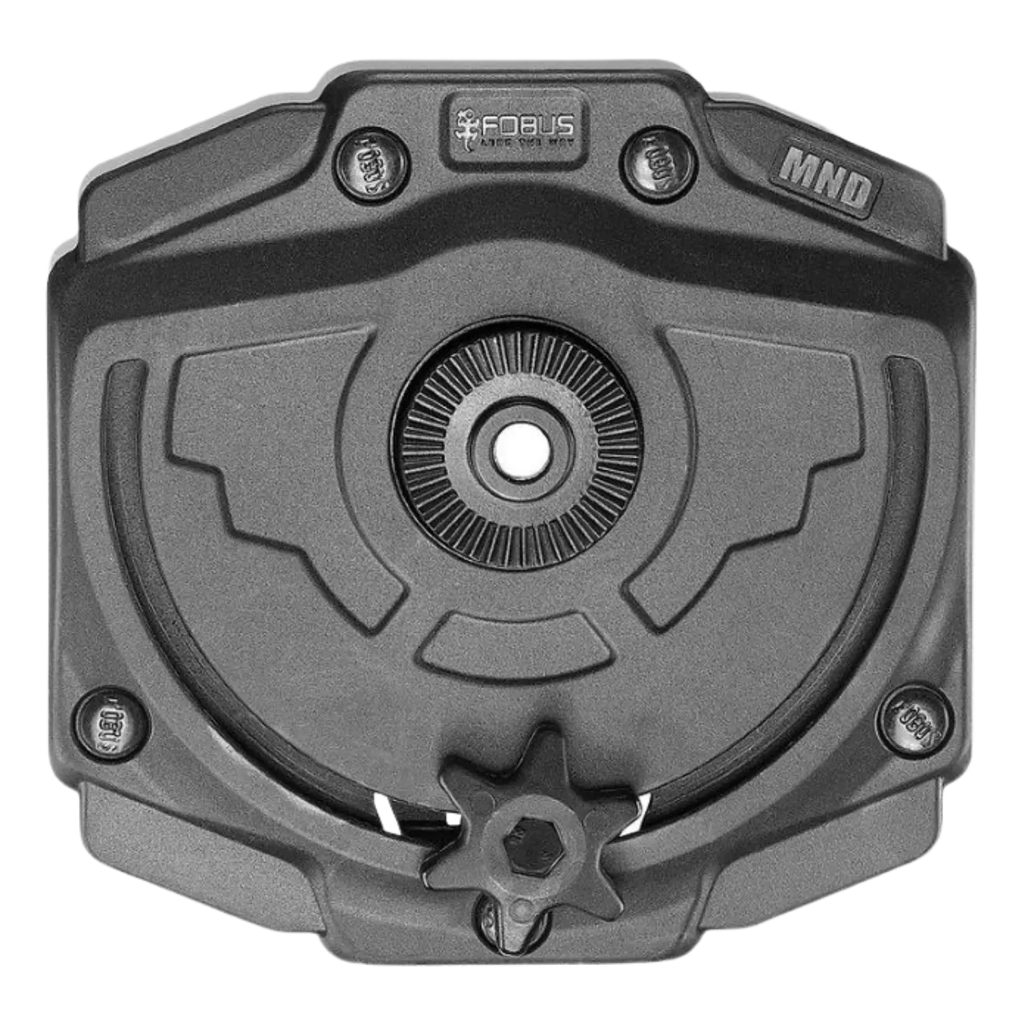 Fobus Paddle Holster für Revolver .38 / .357Mag. mit Rotationsverstellung Schwarzes Forbus Paddle Holster mit zentralem runden Mechanismus, vier Schrauben und einem verstellbaren Sternknopf unten.