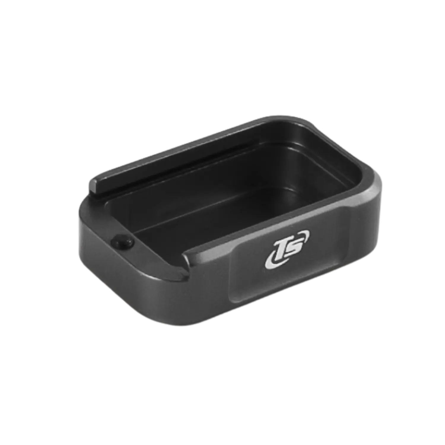 Toni System Magazinboden +1,5 IPSC Box kompatibel für CZ Shadow Schwarzer Magazinboden aus Metall, rechteckige Form mit Aussparung, geprägt mit 'TS' Logo.