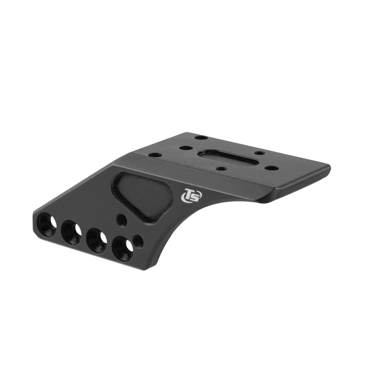Schwarze Montageplatte mit mehreren Bohrungen und dem eingravierten Logo "TS" für Trijicon- und Holosun-Red-Dot-Optiken am Tanfoglio Multi-System