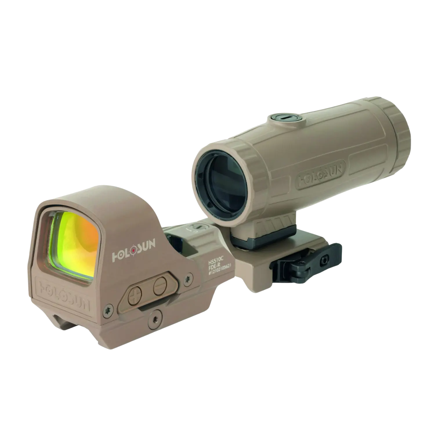 Reflexvisier Holosun HS510C mit angeflanschtem HM3X Vergrößerungsaufsatz in sandfarbenem Gehäuse