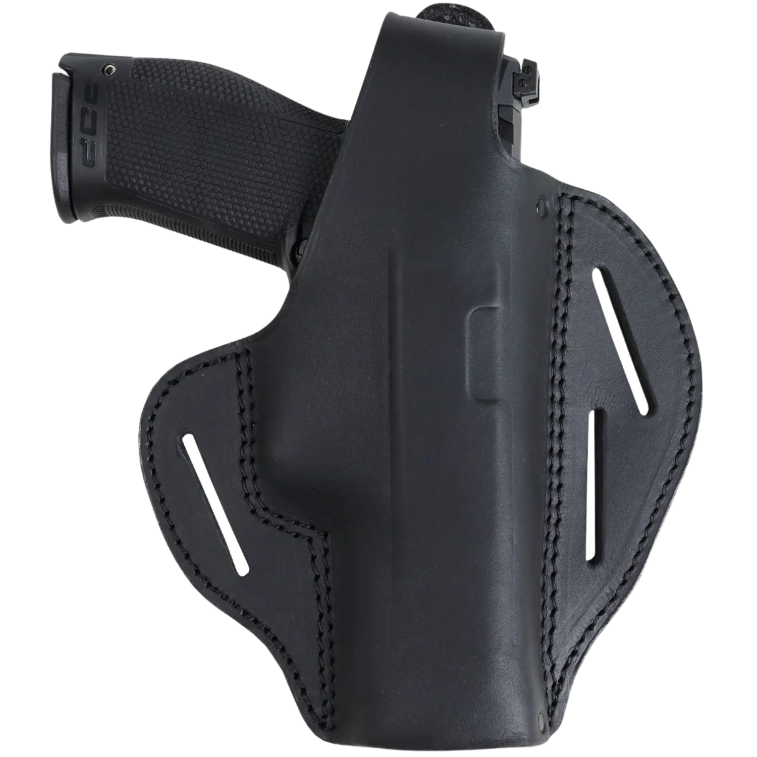 Gürtelholster Quickmat für Walther PDP Full Size 4" - 5,1" Schwarzes Gürtelholster aus Leder mit sichtbarem Griff einer schwarzen Pistole, Nähte entlang der Ränder.