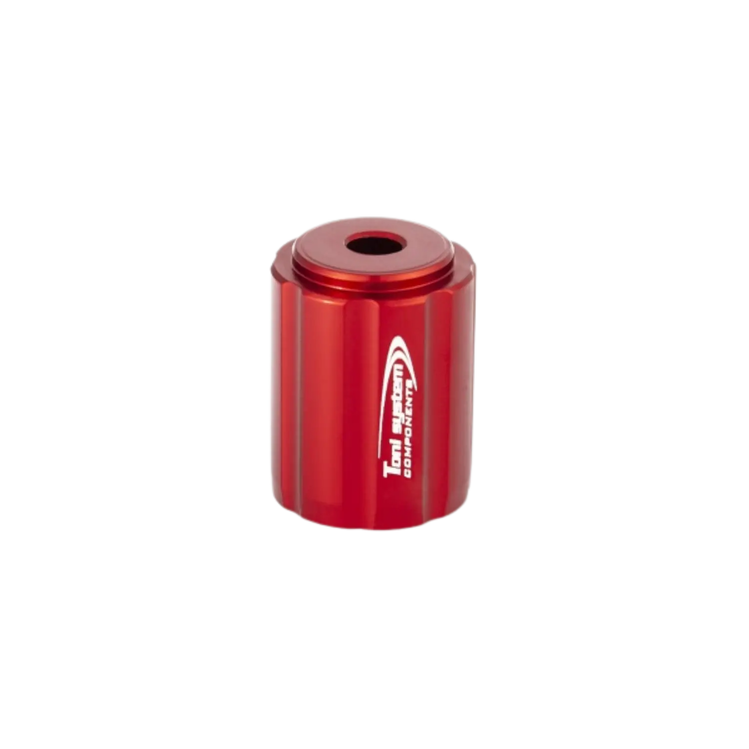 Rotes, zylindrisches Metallteil mit Loch in der Mitte und weißem Schriftzug 'Toni System' als Zubringer für Benelli M1, M2, M2 SP, Breda B12i