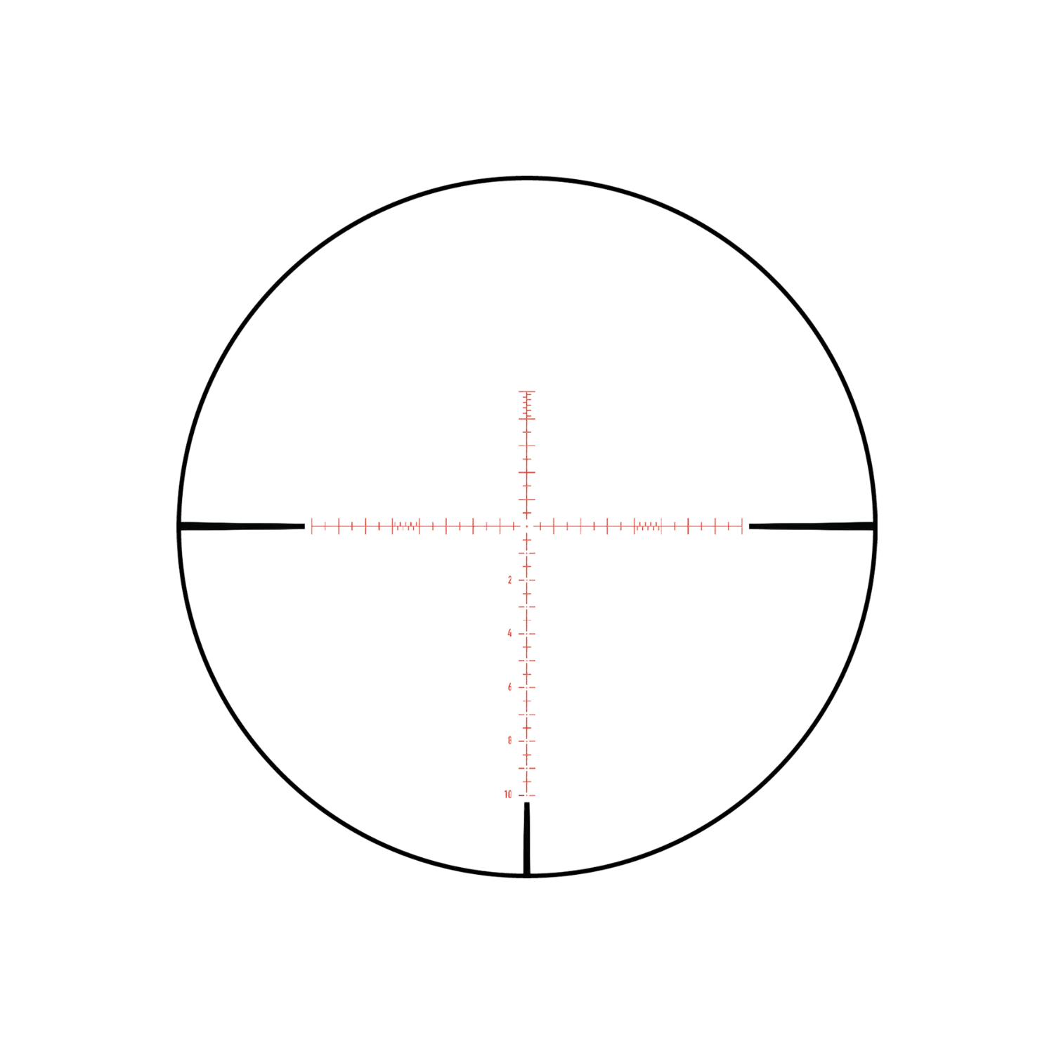 Fadenkreuz mit einem zentralen Kreuz und vertikalen sowie horizontalen Markierungen in Rot, umgeben von einem runden Rahmen.