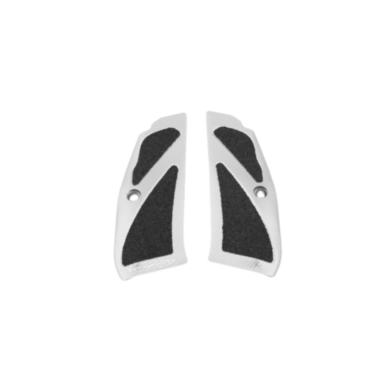 Toni System X3D Griffschalen für CZ Pistolen Silber Lang Silberne Griffschalen für CZ-Pistolen, mit schwarzem Gummi-Textur-Muster und zwei Bohrungen für Schrauben.