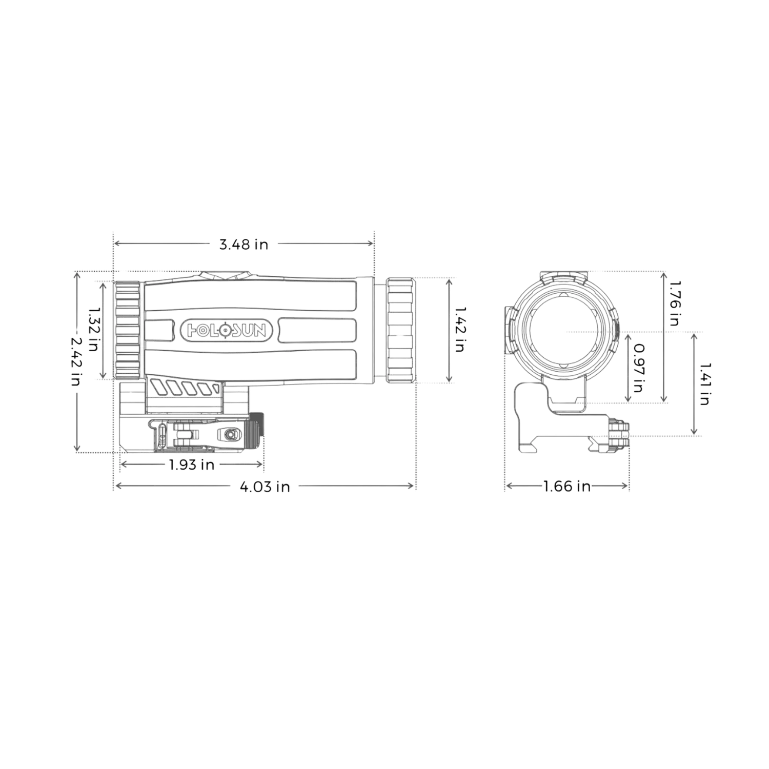 Schwarz-weiße technische Linienzeichnung mit Abmessungen des Holosun Magnifier HM3X in Seiten- und Frontansicht