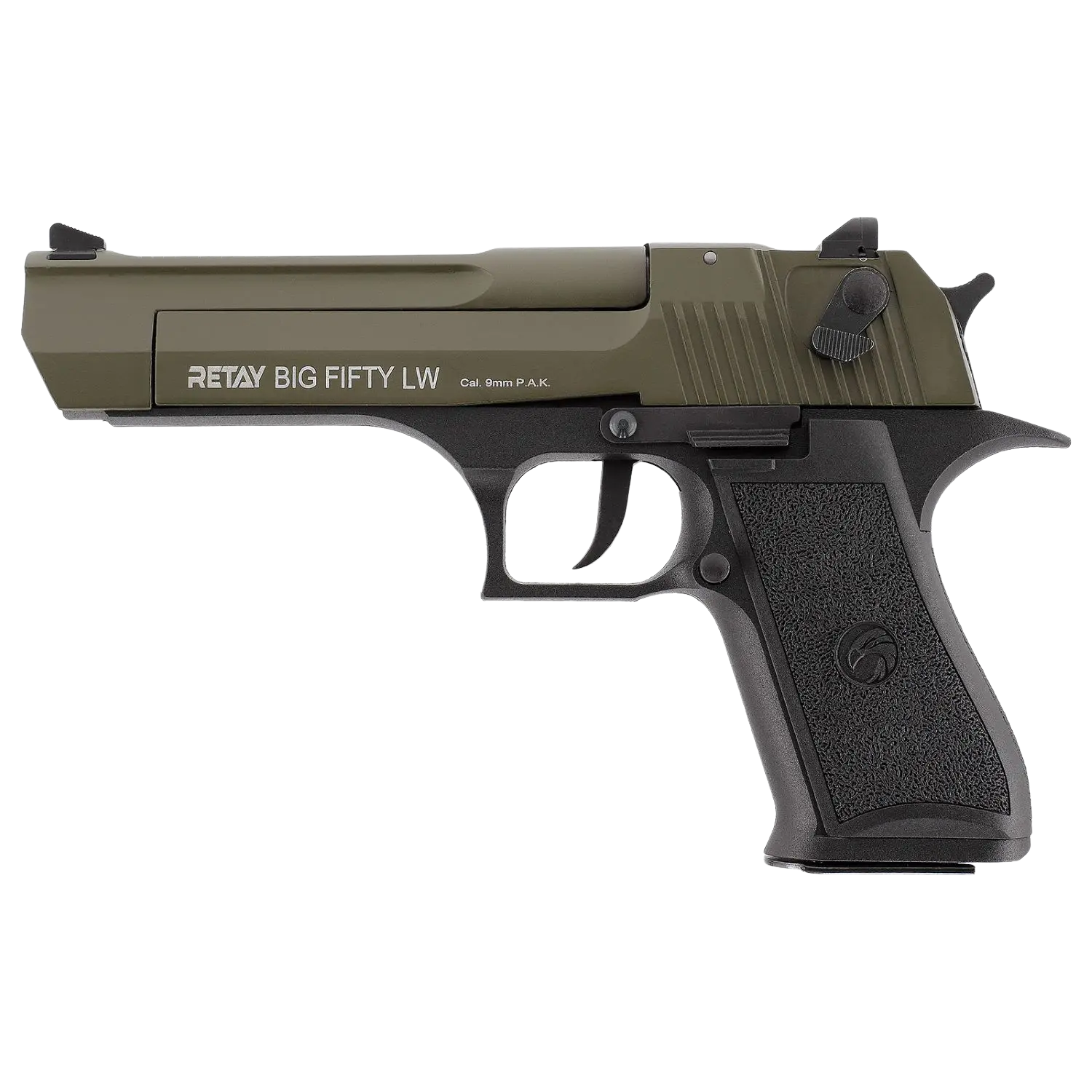 Retay Big Fifty LW Oliv 9mm P.A.K. Schreckschusspistole Retay Big Fifty LW Schreckschusswaffe in olivgrün mit schwarzem Griff. Auf der linken Seite steht 'RETAY BIG FIFTY LW Cal. 9mm P.A.K.'.