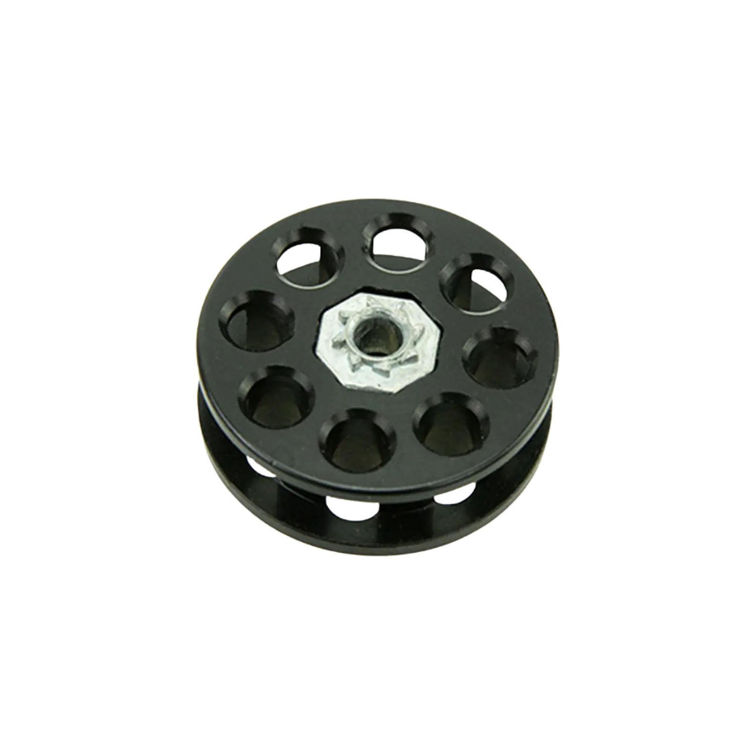 Trommelmagazin für Rotex und Maximathor Kaliber 5,5mm Schwarzes Trommelmagazin mit acht Löchern und einer zentralen Sechskantschraube, zylindrische Form.