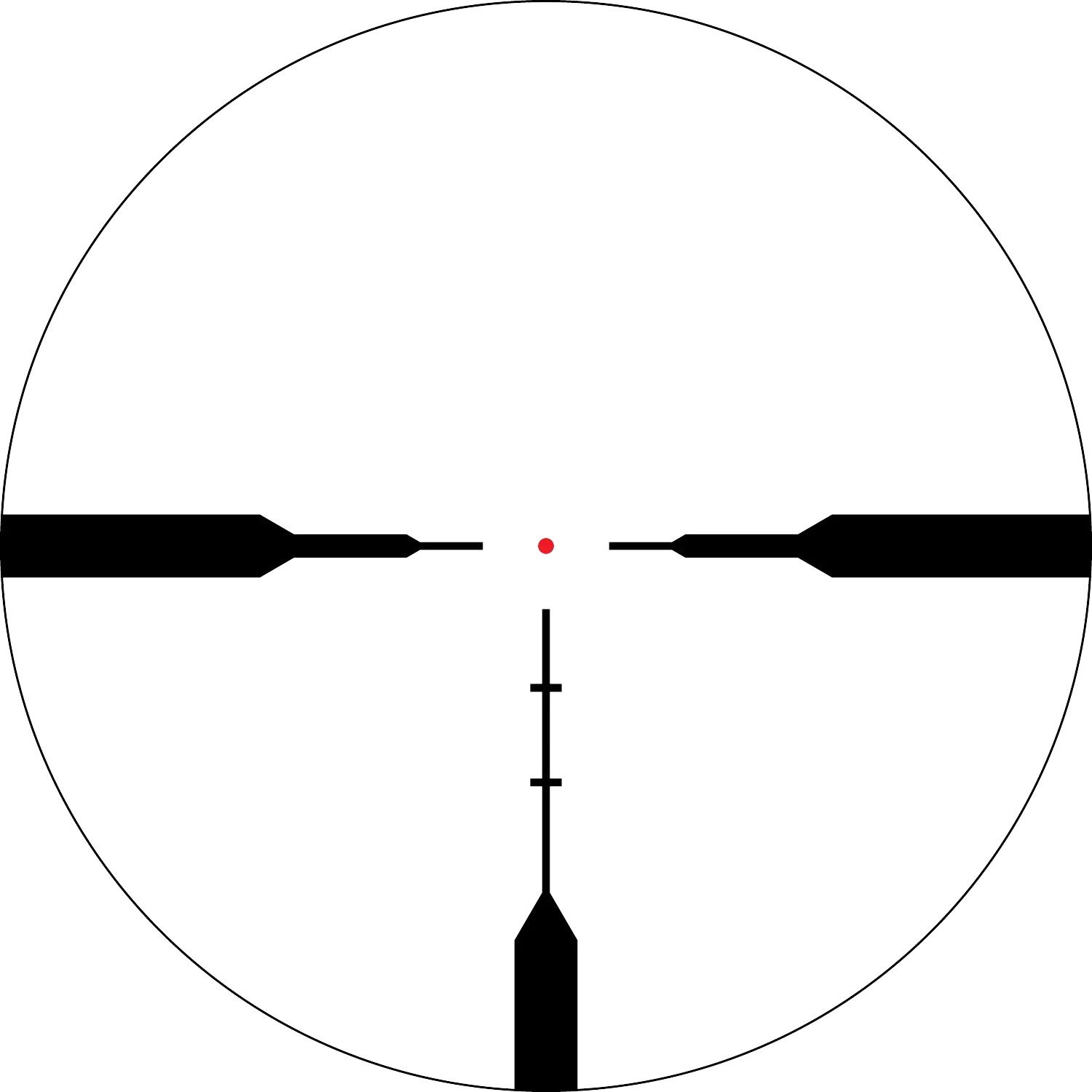 Nahaufnahme des Absehens RazorLHT G4i-BDC mrad mit schwarzem Fadenkreuz und rotem Punkt in der Mitte.