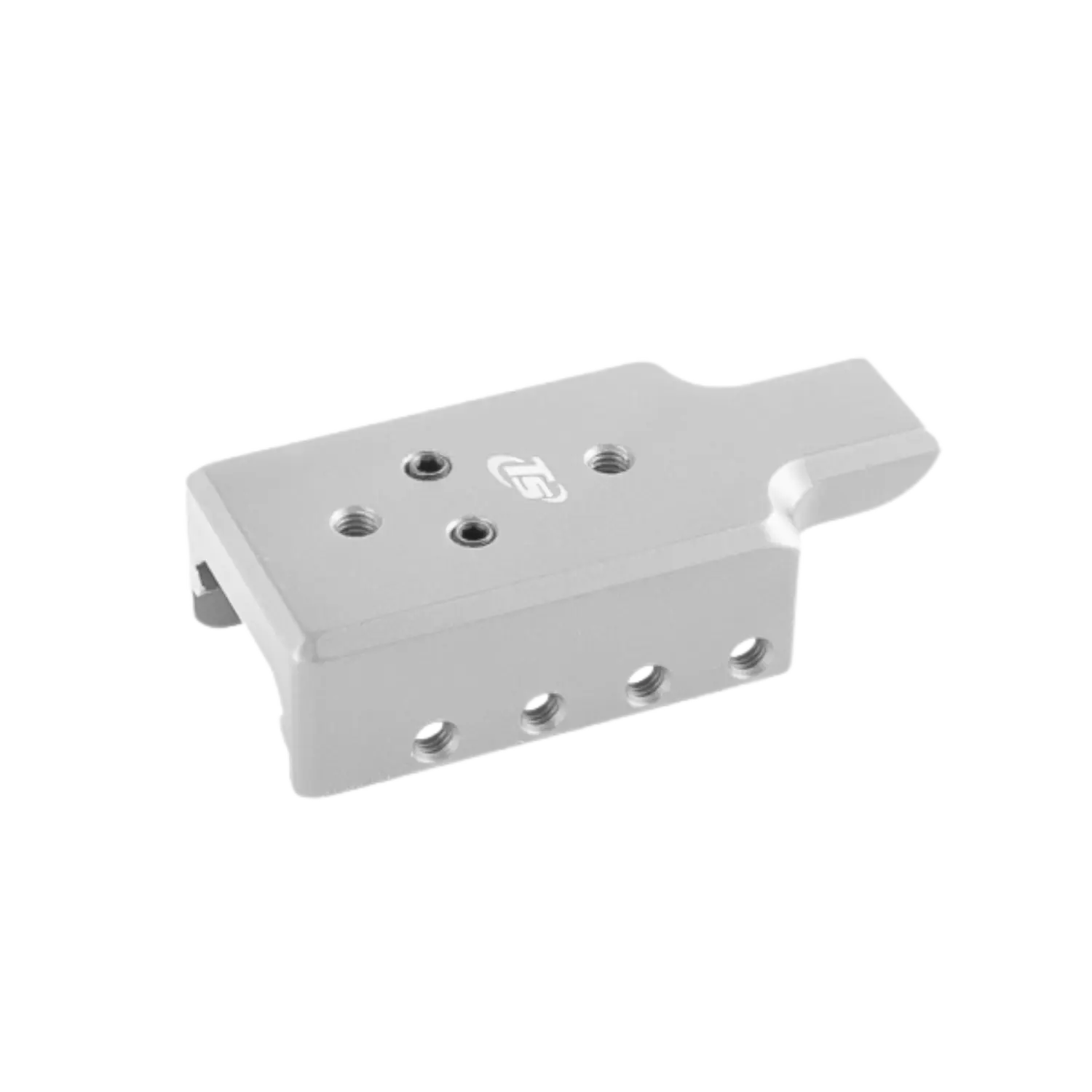 Silbernes Aluminium-Laufgewicht von Toni System für Glock 17 mit mehreren Bohrungen und eingraviertem Logo.