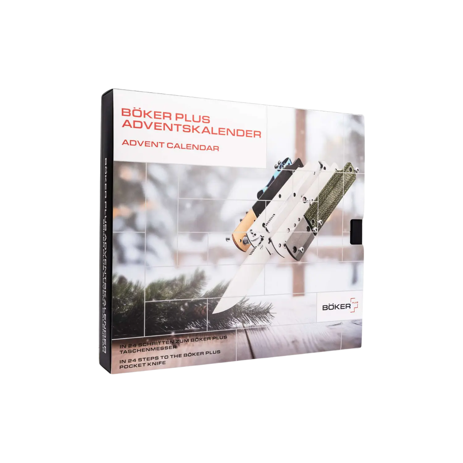 Quadratischer Böker Plus Adventskalender 2025 mit Bild von drei Taschenmessern in verschiedenen Griffdesigns und Text 'BÖKER PLUS ADVENTSKALENDER ADVENT CALENDAR'.