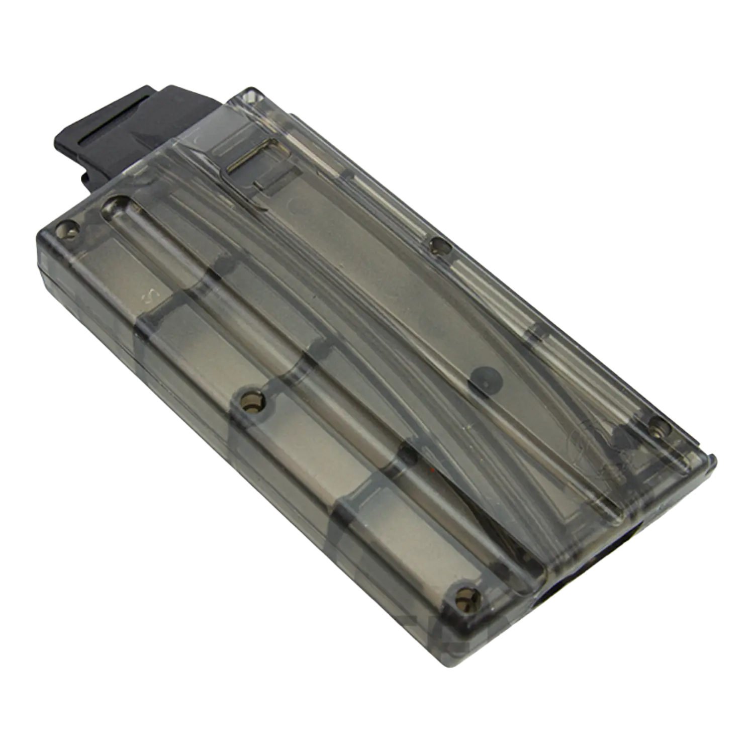 Black Dog Magazin AR15 .22LR Sonic Weld 10 Schuss Transparente Magazin für eine Waffe, rechteckige Form, mit sichtbaren Metallteilen und einer schwarzen Kappe an einem Ende.