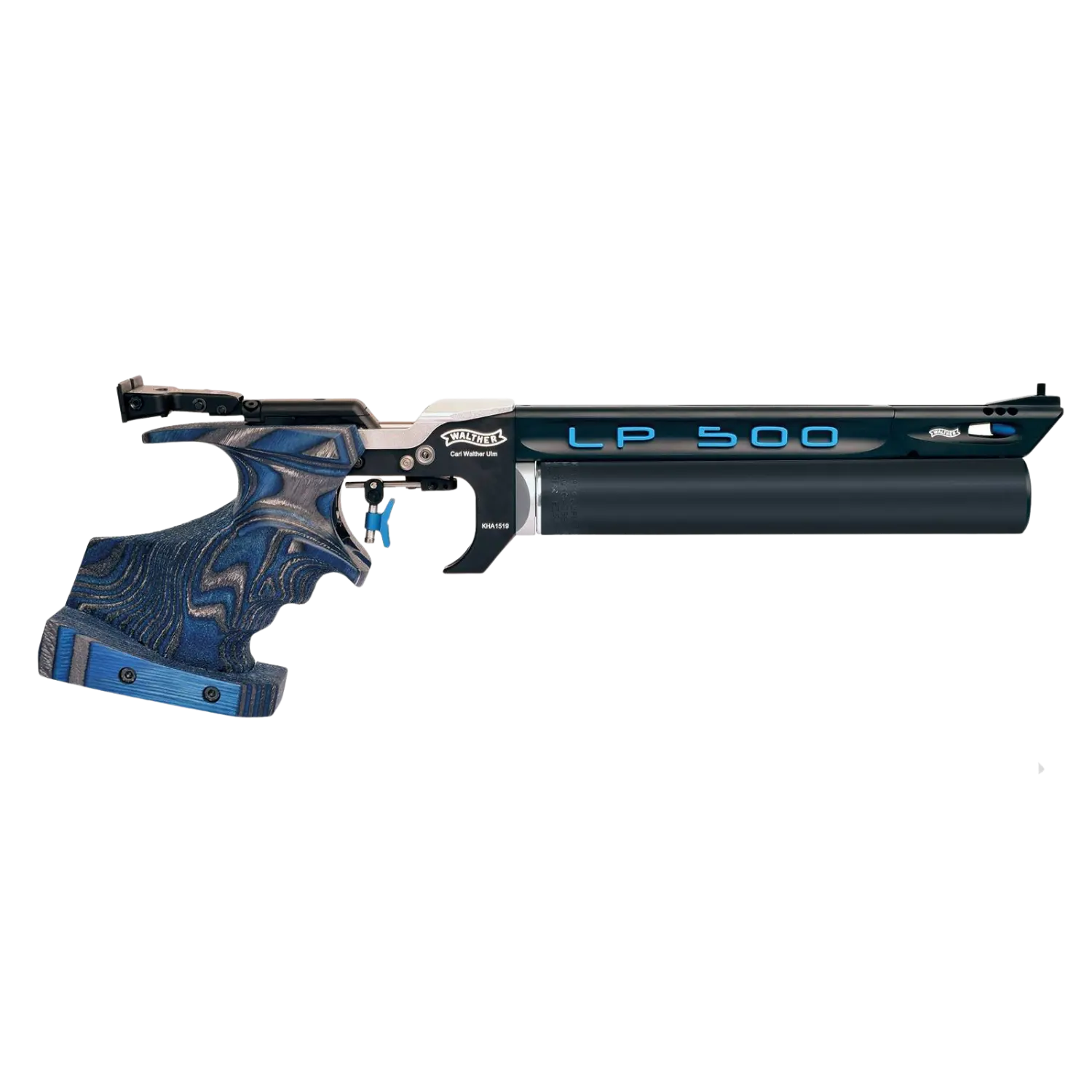 Walther LP 500 Expert Blue Angel Pressluftpistole Rechtsgriff Luftpistole Walther LP500 in Blau, mit ergonomischem Griff und einem langen, schlanken Lauf. Der Griff hat eine strukturierte Oberfläche.
